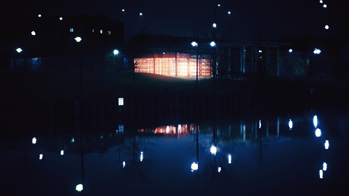 Glowy reflection from the Chicago River at night in Ping Tom Park in Chinatown.