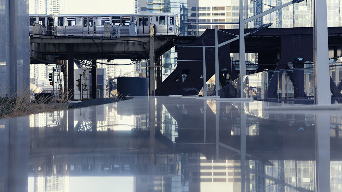 Reflection of the Chicago El line in Downtown Chicago.