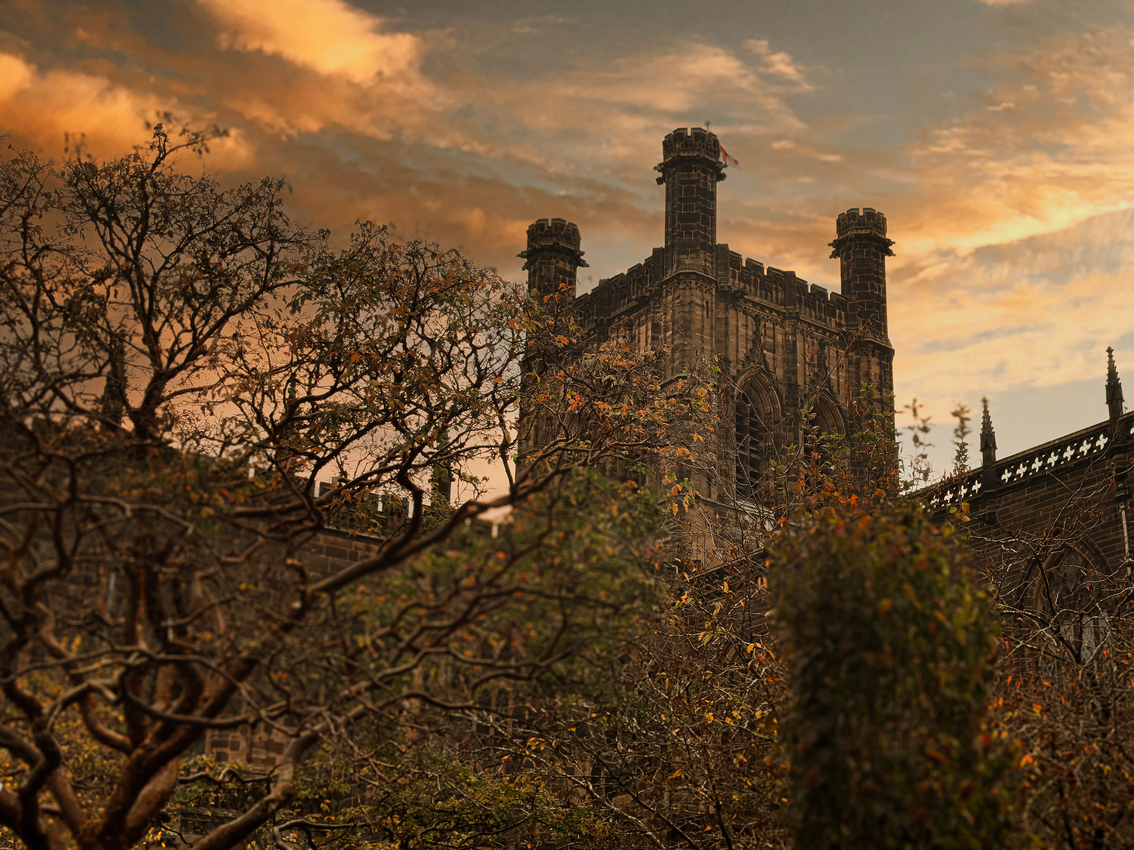chester cathedral at sunset