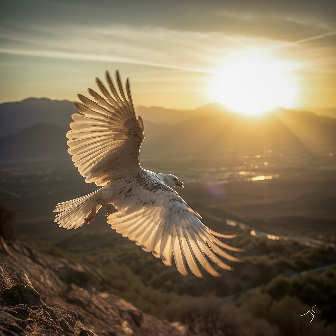 White bird flying in the sky at sunset air over a mountain range with a valley in the background.
