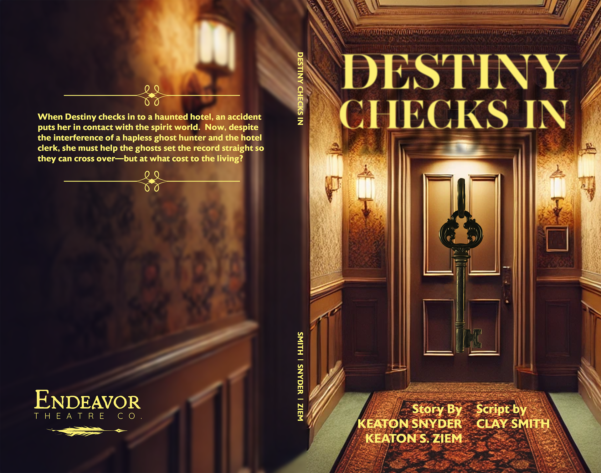 Full cover for the 2023 play, Destiny Checks In, written by myself, Keaton Snyder, and Keaton Ziem