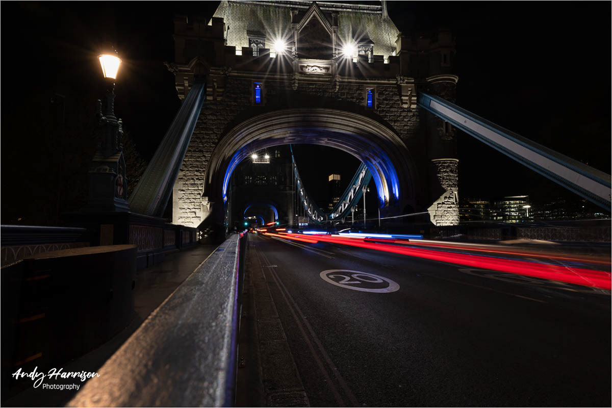 Light trails on Tower bridge