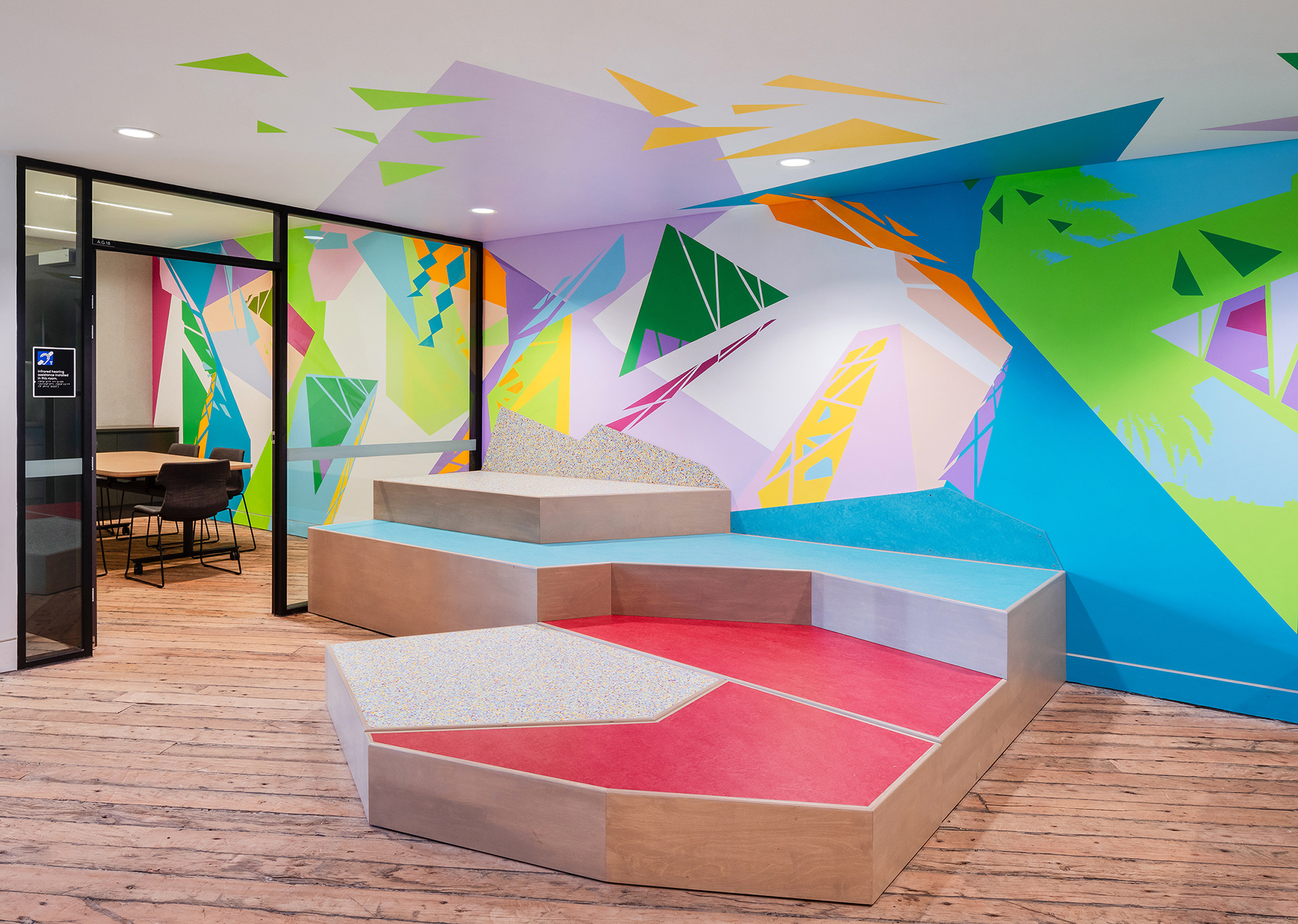 Colorful mural inspired by Sydney Harbour Bridge by Merryn Trevethan at ATYP, Sydney