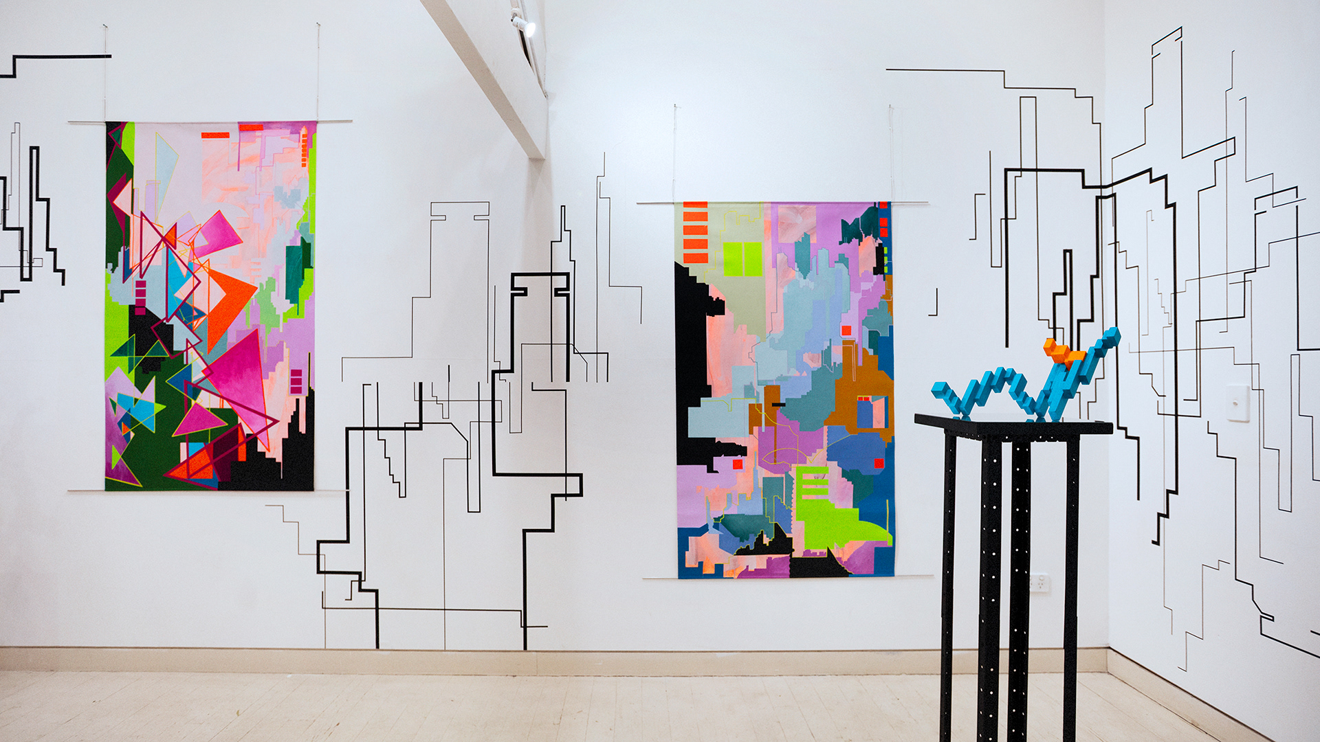 tape drawing installation and colourful abstracted cityscape paintings and sculpture by merryn trevethan