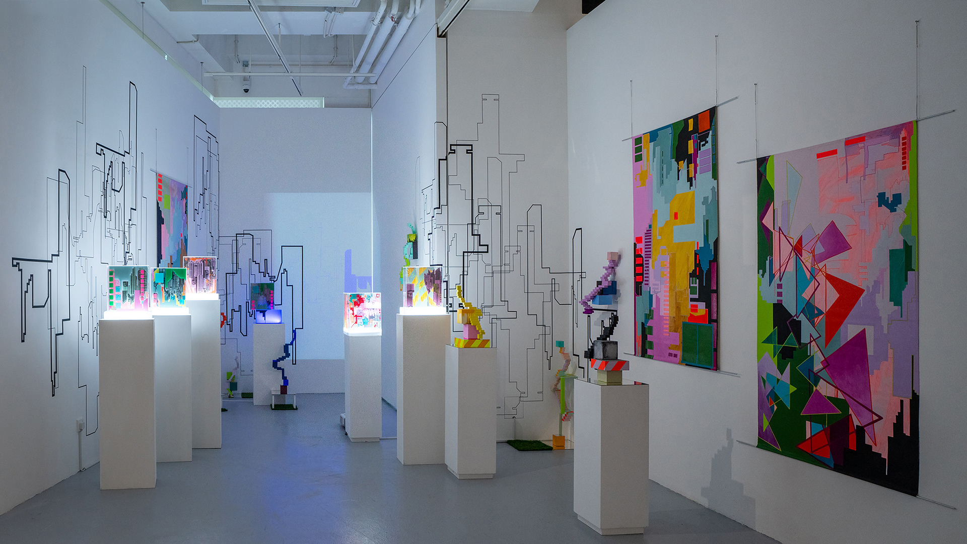 Frequently Lost installation artwork by Merryn Trevethan at H Queens Hong Kong including tape drawing lightboxes and sculptures