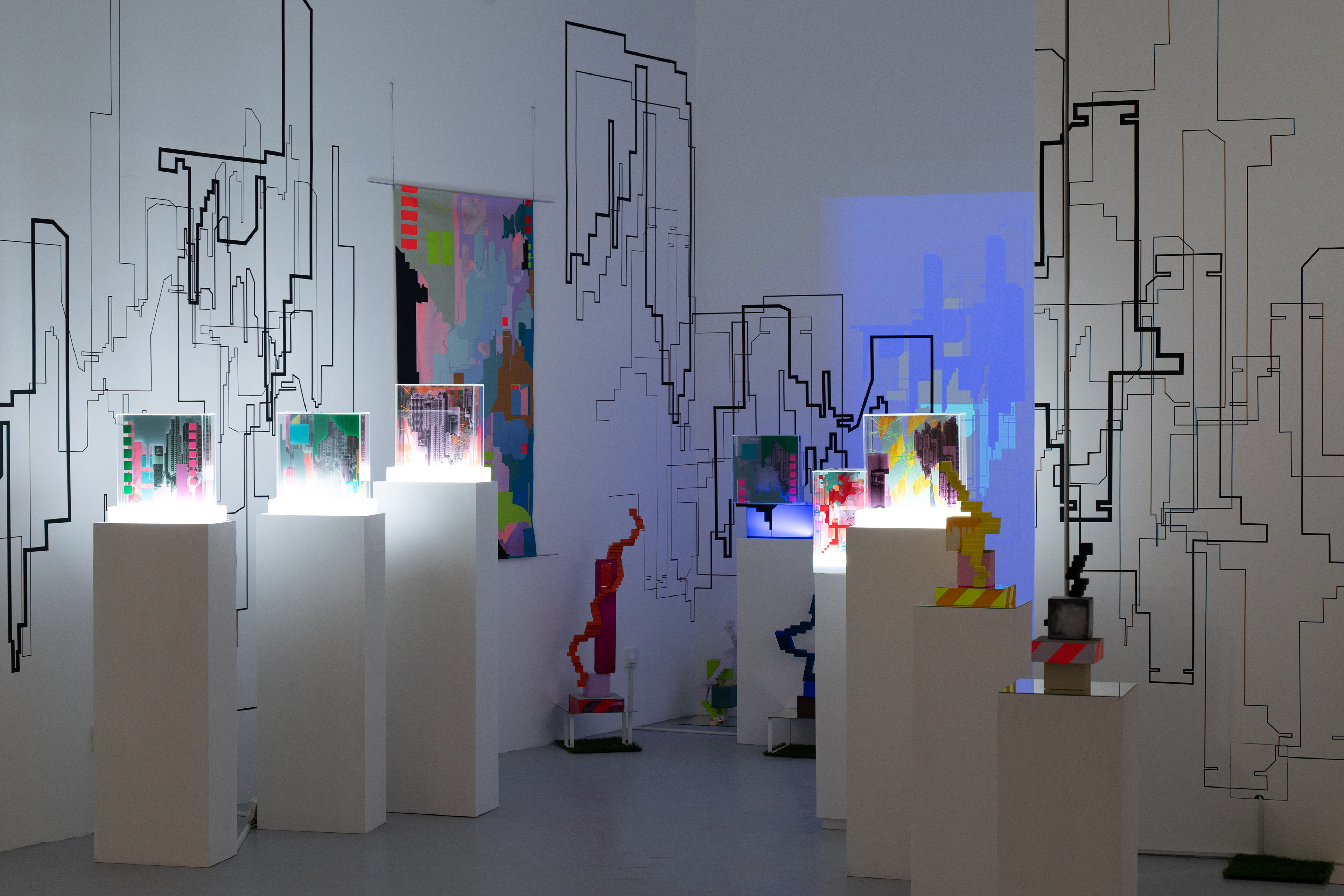 Frequently Lost installation artwork by Merryn Trevethan at H Queens Hong Kong including tape drawing lightboxes and sculptures