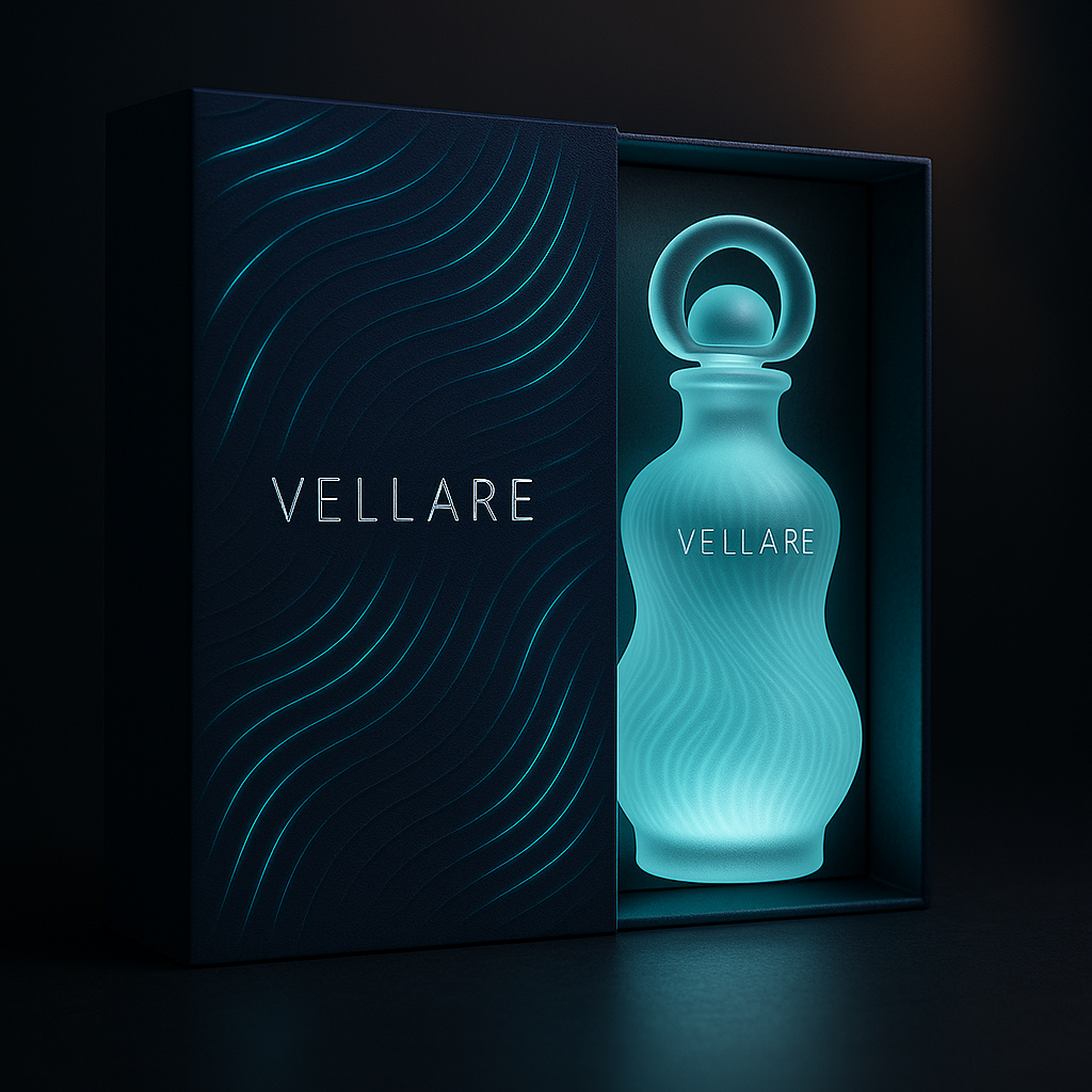 “Glass shimmer with motion lighting overlay inside packaging”