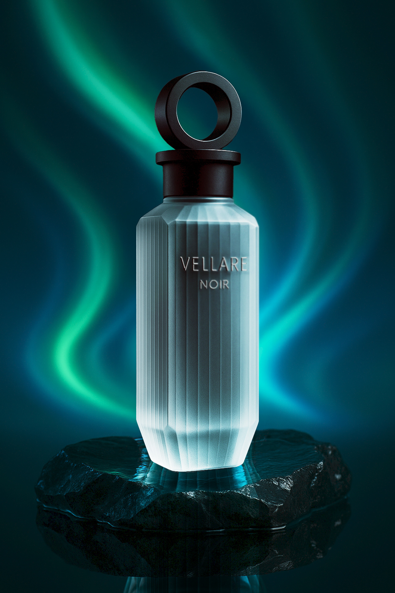 “Product set atop dark stone base — illuminated from below”