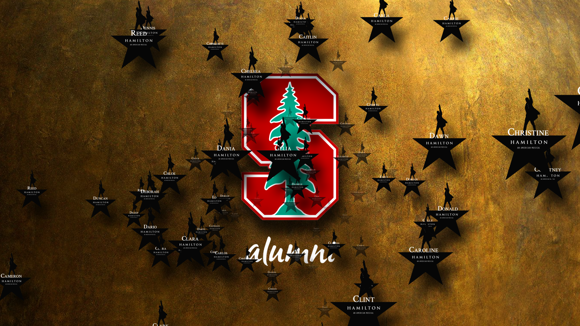 Projection-mapped interactive wall at Hamilton x Stanford event, displaying alumni names and illuminated Broadway star graphics.