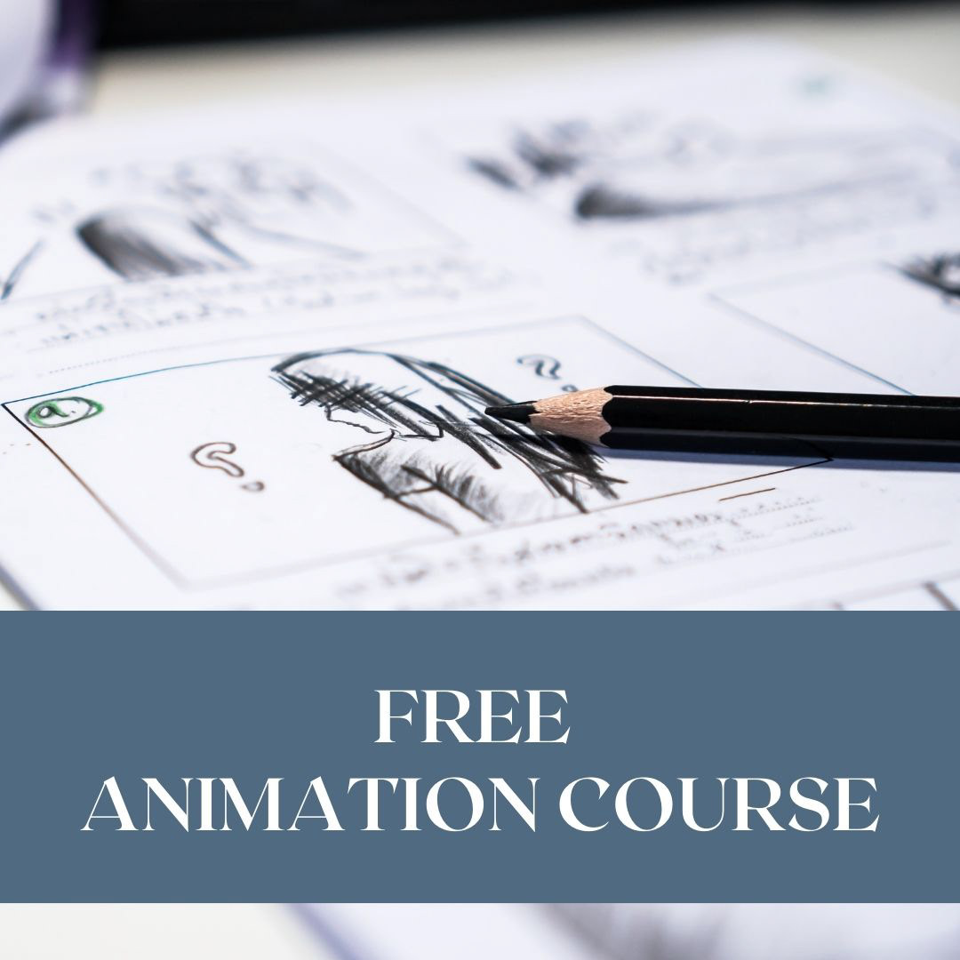 The images shows a close up photograph of a sketchbook page featuring a storyboard of an animation. Several squares fill the pages with images on an animation, with writing underneath. The central image shows a black and white pencil drawing of a person facing away with question marks around them. A black pencil lies across the drawing. Across the bottom is a blue banner with the words ‘free animation course’.