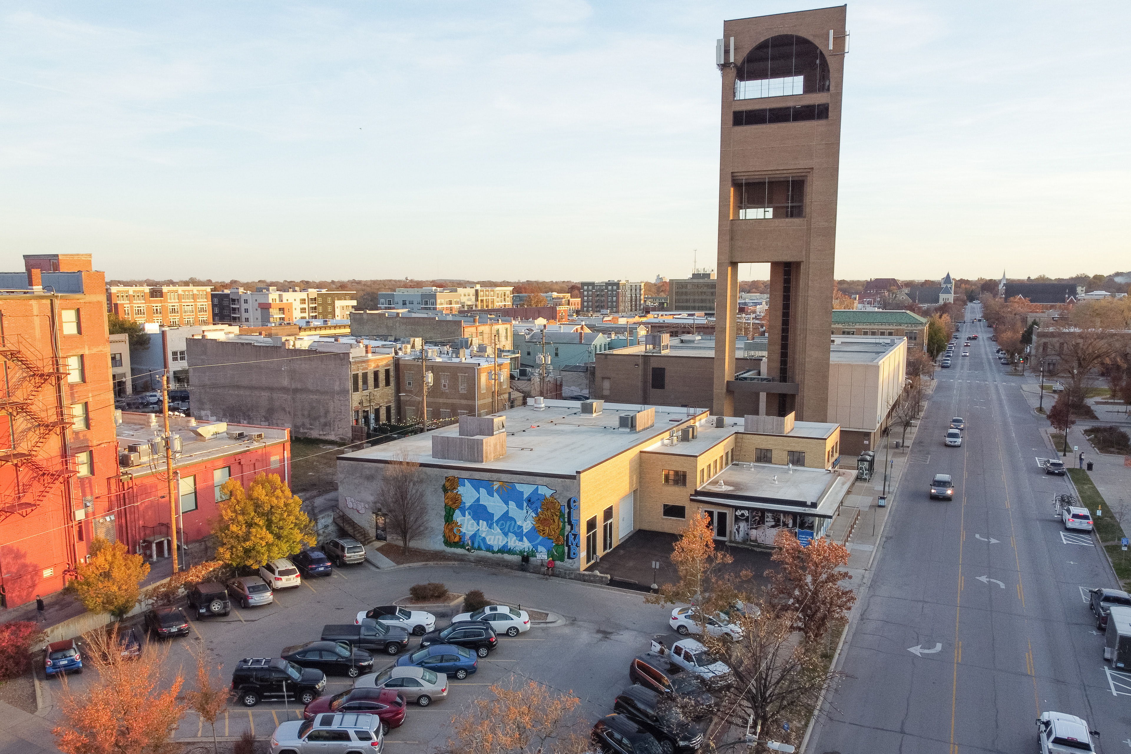 Mural against Lawrence skyline, photo by Taylor Mah.