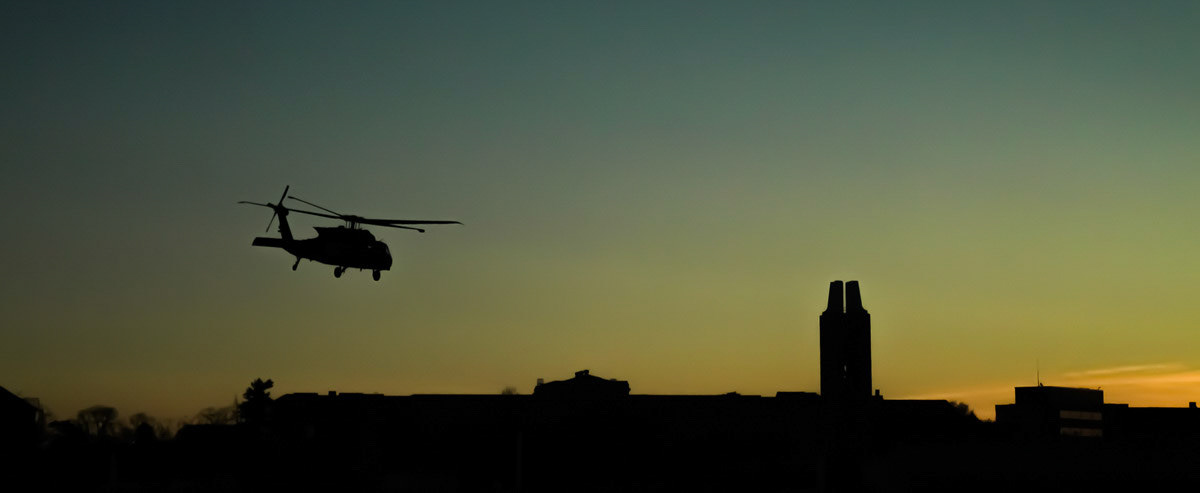 A helicopter departs from KU’s David Booth Memorial Stadium on Nov. 5, 2022 proceeding a football game against Oklahoma State. The victory marked the sixth win for KU football for the season, ensuring their entrance to a bowl-game.