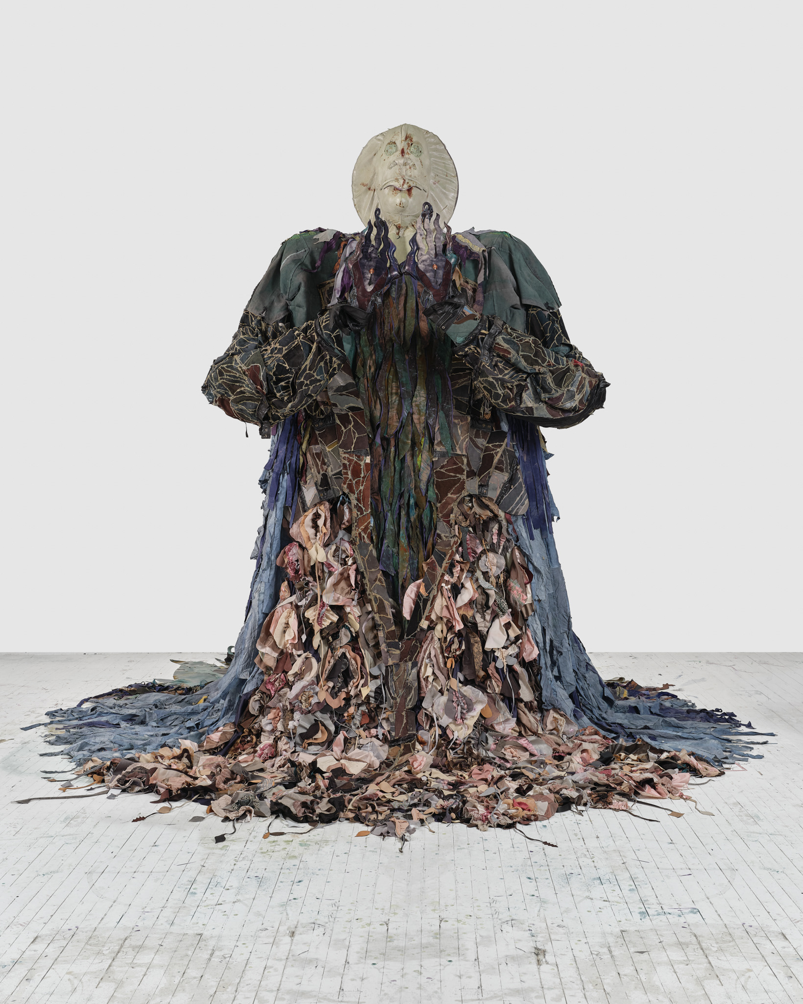 The Doula, 2024, Steel; enamel paint; acrylic paint and finisher; repurposed leather, suede, and assorted fabric; leather, fabric, and natural dyes; seashells; coated nylon thread; and coated cotton thread, 131H x 130 x 228 inches
