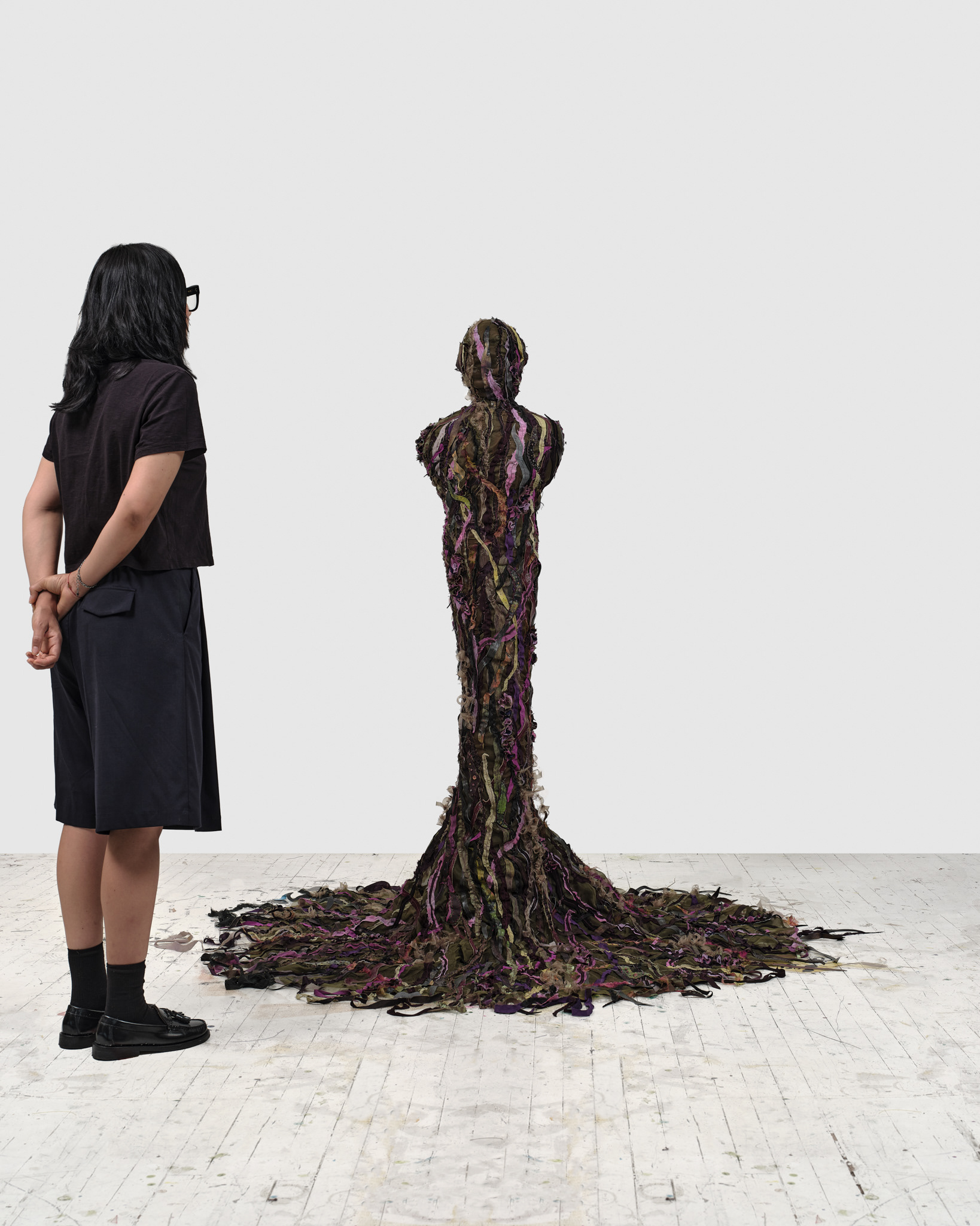 Genesis, 2024, Steel, enamel paint, acrylic paint and finisher, leather dye, repurposed leather and fabric, assorted beads, found stones, and coated nylon thread, 65H x 74 3/4 x 71 1/2 inches