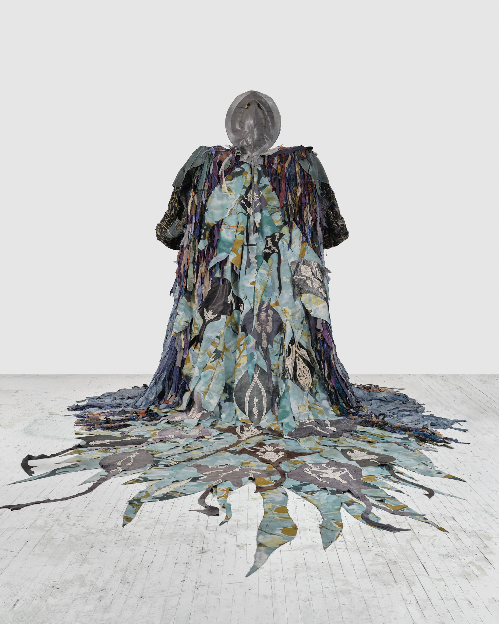 The Doula, 2024, Steel; enamel paint; acrylic paint and finisher; repurposed leather, suede, and assorted fabric; leather, fabric, and natural dyes; seashells; coated nylon thread; and coated cotton thread, 131H x 130 x 228 inches