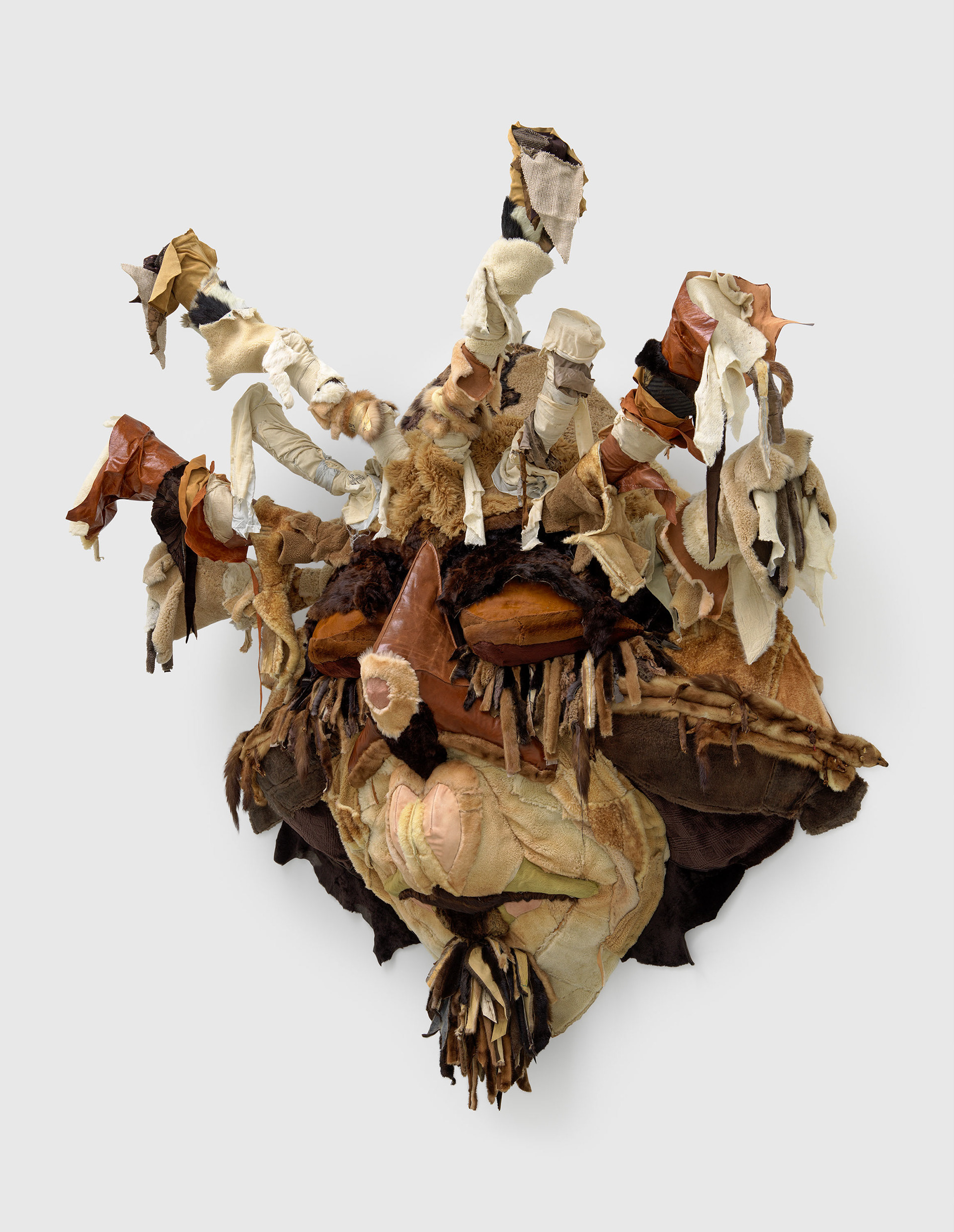 Resurrector, 2022, Steel, enamel paint, repurposed leather, fur, suede, shearling, coat linings, silk, chalk pastel, organic cotton twill, and coated nylon thread, 116 x 110 1/2 x 37 inches