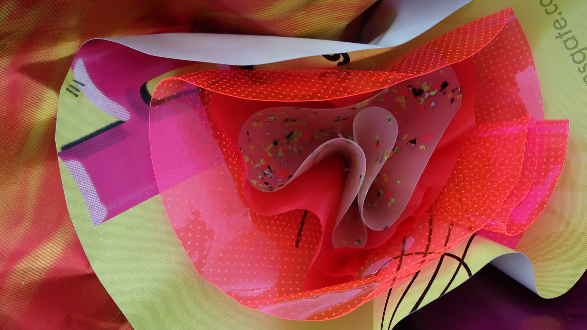 (detail) Coloratura, 2024, Assorted weatherproof fabric, latex and silicone hosing, coated nylon thread, zinc plated steel, and galvanized steel, Installation dimensions variable