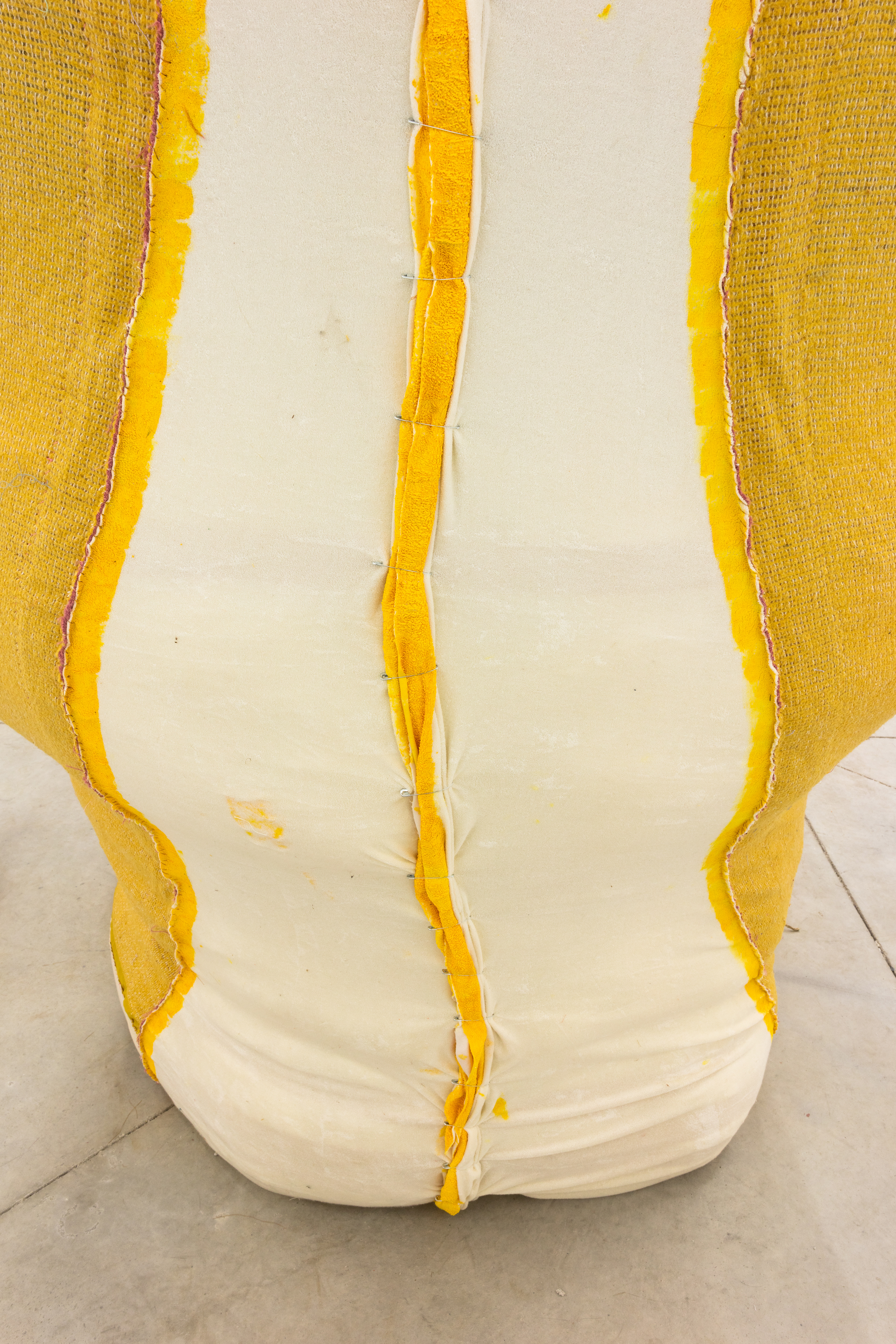 Opus (The Ovule), 2020. Various recycled and hand dyed fabrics, recycled leather, acrylic paint, recycled polyester batting, jute, metal frame, PVA glue, secret objects, safety pins, metal hooks, wire. Dimensions variable, overall: 122 x 88 x 252 in (309.9 x 223.5 x 640.1 cm).