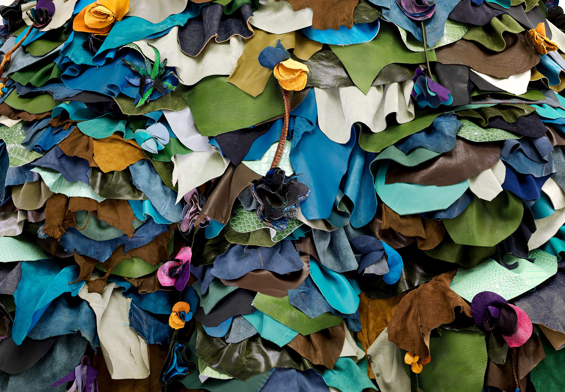 (detail) Saint Mozelle, 2022, Steel, enamel paint, acrylic paint and finisher, repurposed leather and suede, organic cotton twill, and coated nylon thread, 113 3/4 x 95 1/4 x 59 inches