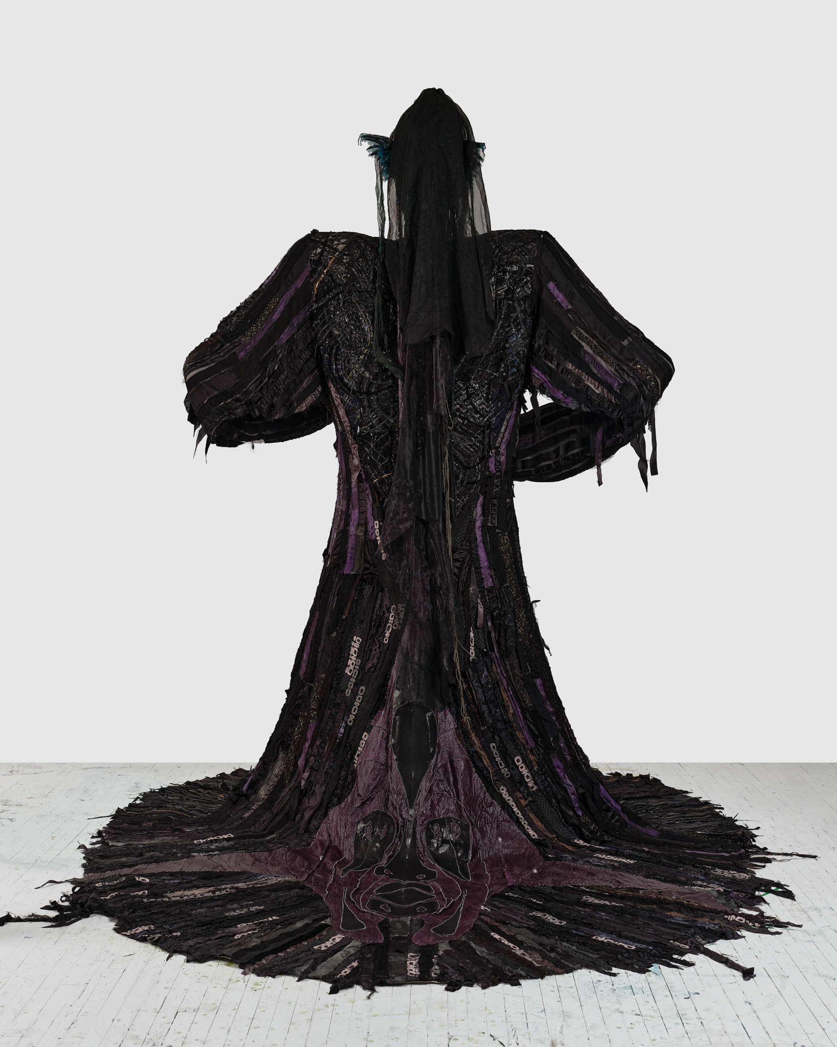 The Night Woman, 2024, Steel; enamel paint; acrylic paint and finisher; repurposed leather, suede, shearling, fur, shagreen, and assorted fabric; leather, fabric, and natural dyes; cow bone; conch; abalone shell; stones; jute; coated nylon thread; and coated cotton thread, 130H x 137 x 106 inches