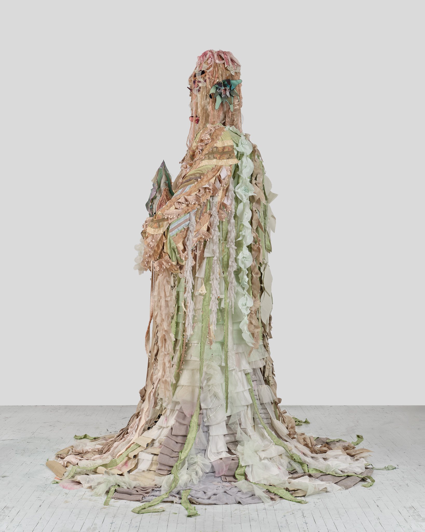The Miracle, 2024, Steel; enamel paint; foam; acrylic paint and finisher; repurposed leather, suede, goatskin, and assorted fabric; leather, fabric, and natural dyes; assorted beads; gold and silk thread; coated nylon thread; and coated cotton thread, 135H x 100 x 100 inches