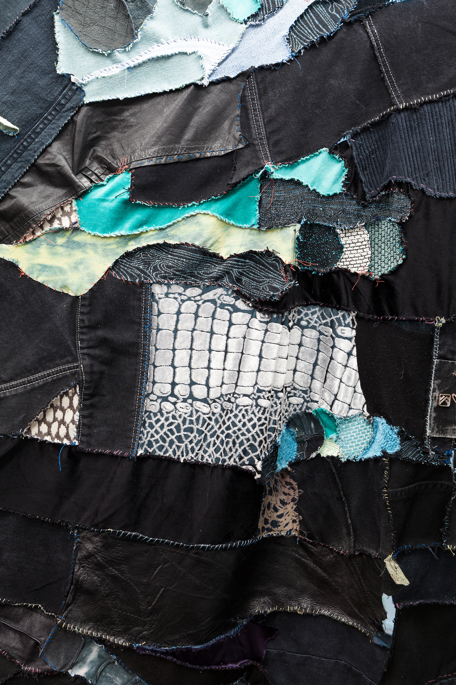 the sighting of the last shadow dweller (original sea kin), 2018. Hand sewn recycled fabrics and leathers. Dimensions variable.