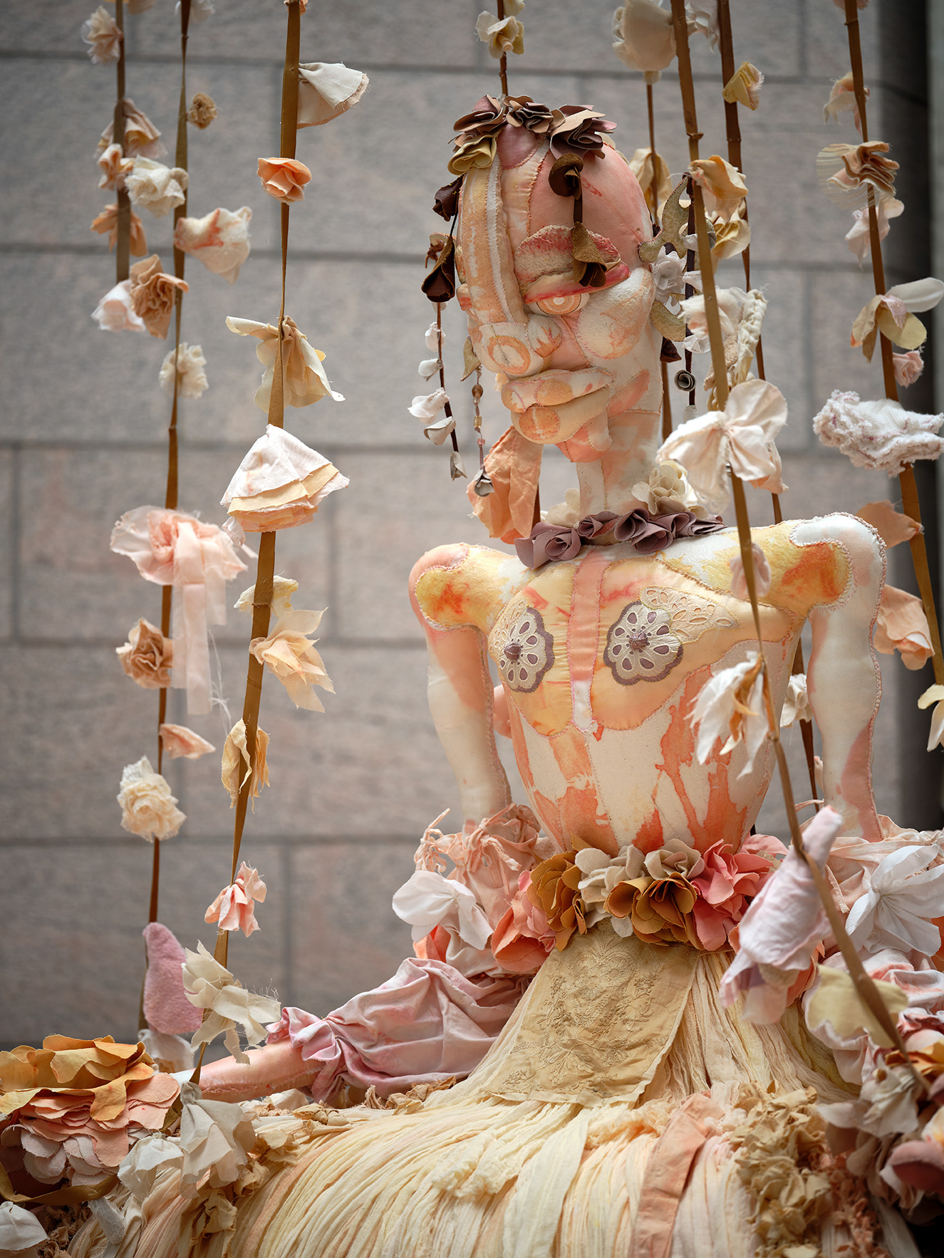 Lewis, Tau. Symphony, 2020–21. Various recycled and hand-dyed fabrics, recycled leather, cotton batting, beads, acrylic paint, PVA glue, metal hoop skirt, pipe, seashells and wire. Dimensions variable.
