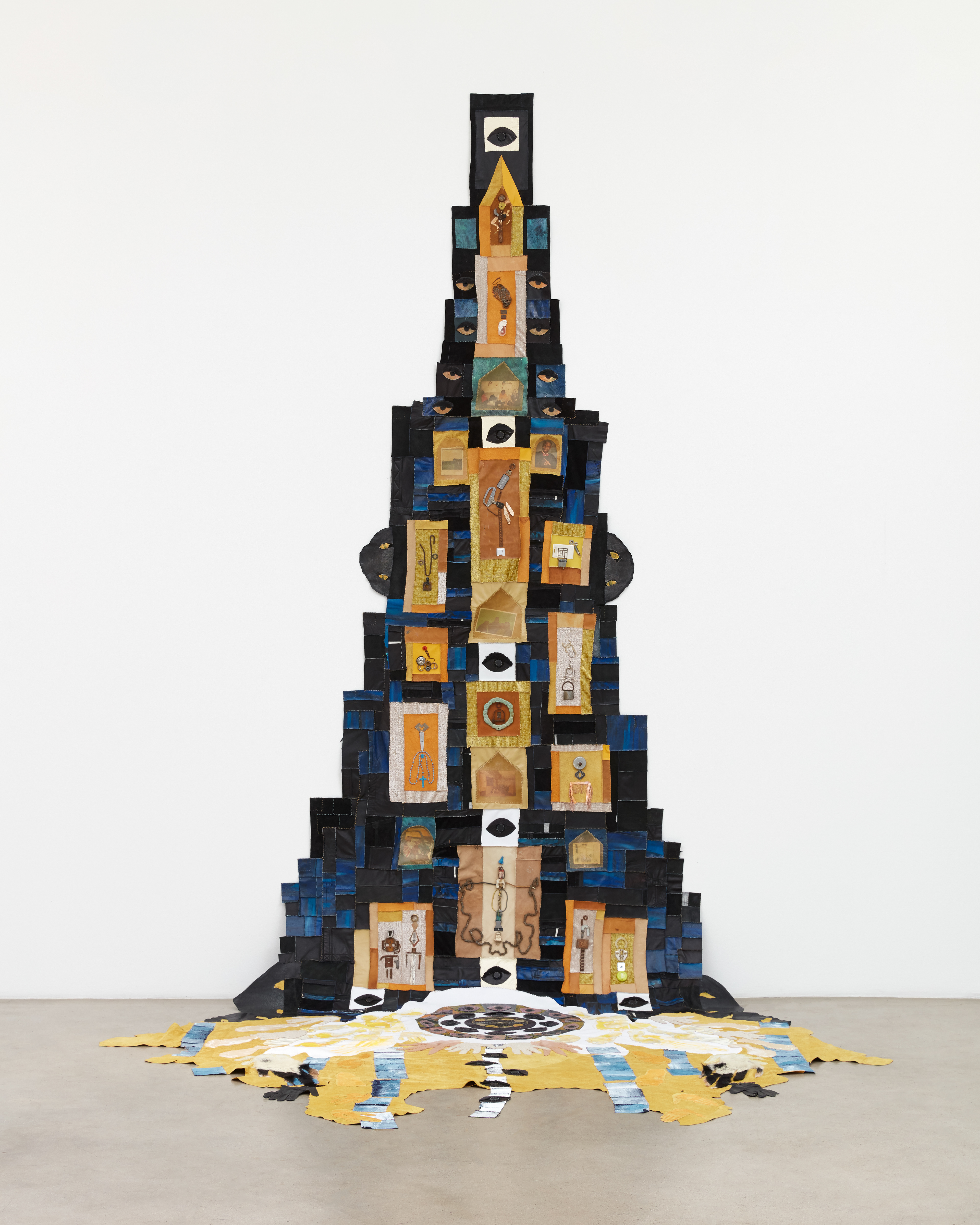 Ascension of the Holy Vessel (Be Not Afraid), 2020. Recycled leathers and fabrics, acrylic paint, rawhide, found photographs, found objects, bone, seashells, stones. 16 x 108 in (548.6 x 274.3 cm).