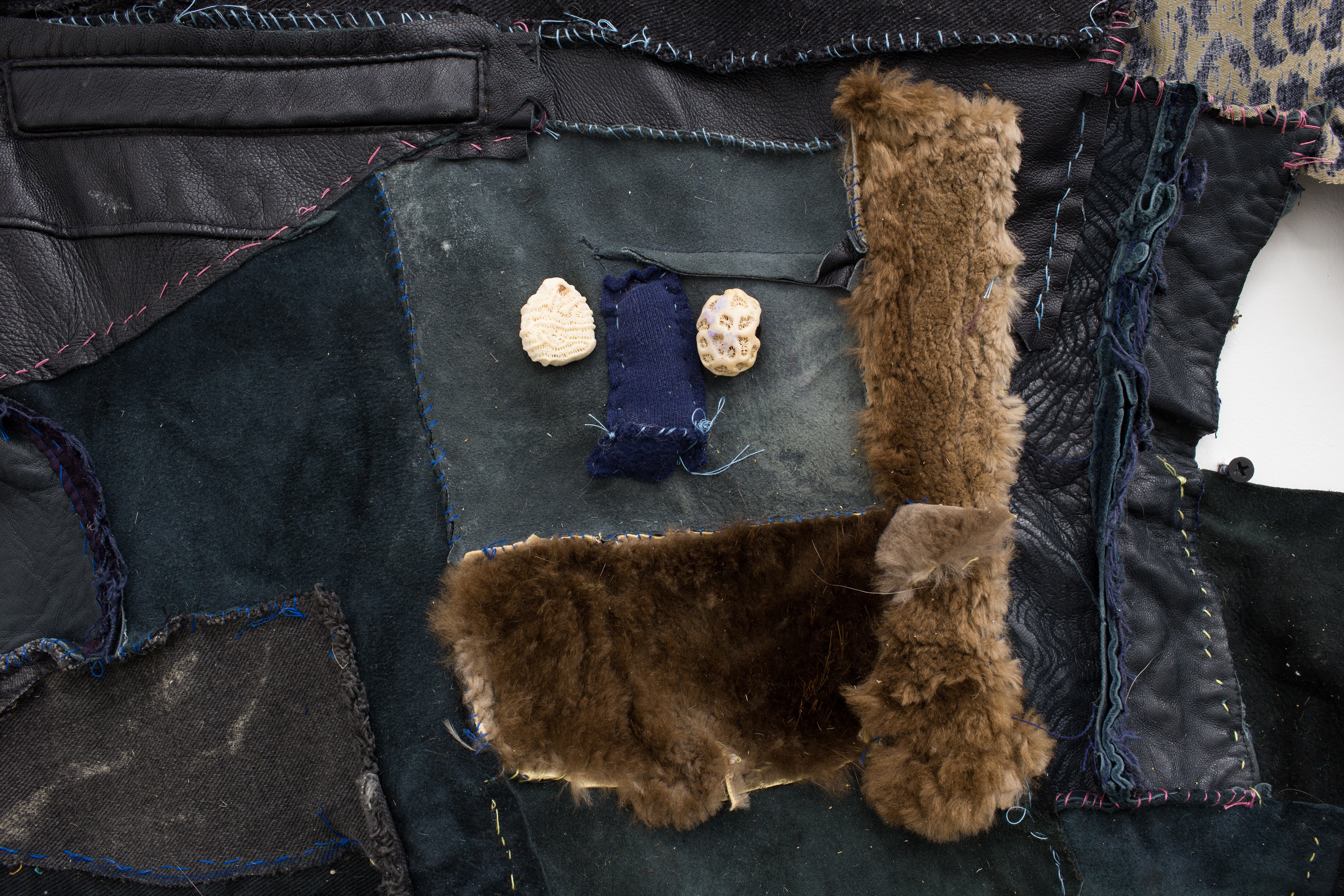 Making it work to be together while we can, 2018. Found furs, leathers and fabrics (hand sewn), seashells, sea stones. 96 x 84 x 4 in (243.8 x 213.4 x 10.2 cm).