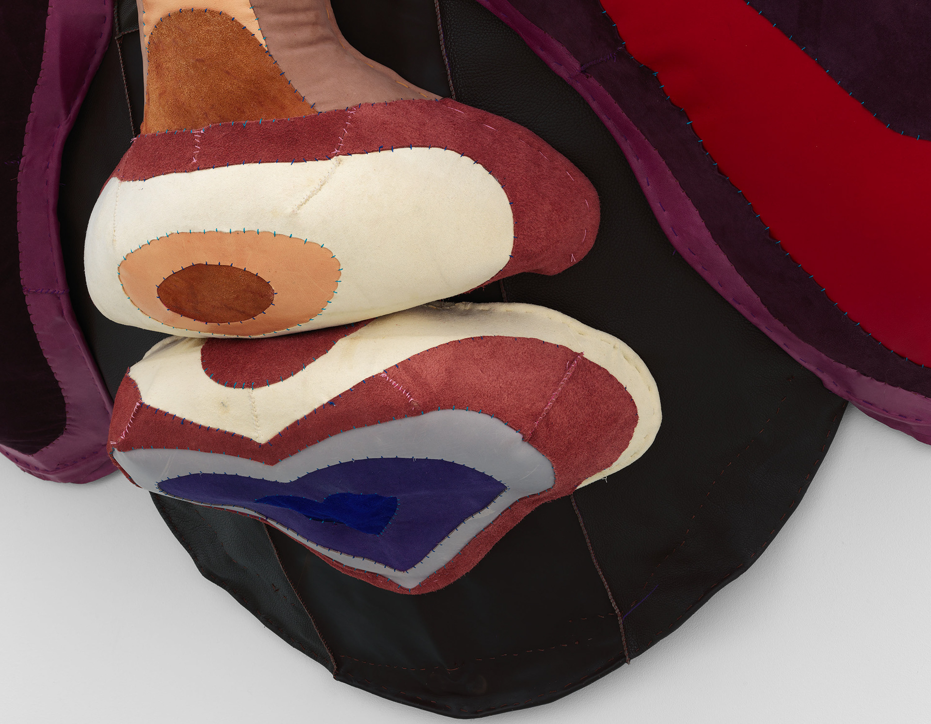 (detail) Homonoia, 2022, Steel, enamel paint, acrylic paint and finisher, repurposed leather and suede, organic cotton twill, and coated nylon thread, 88 1/2 x 68 x 26 1/4 inches