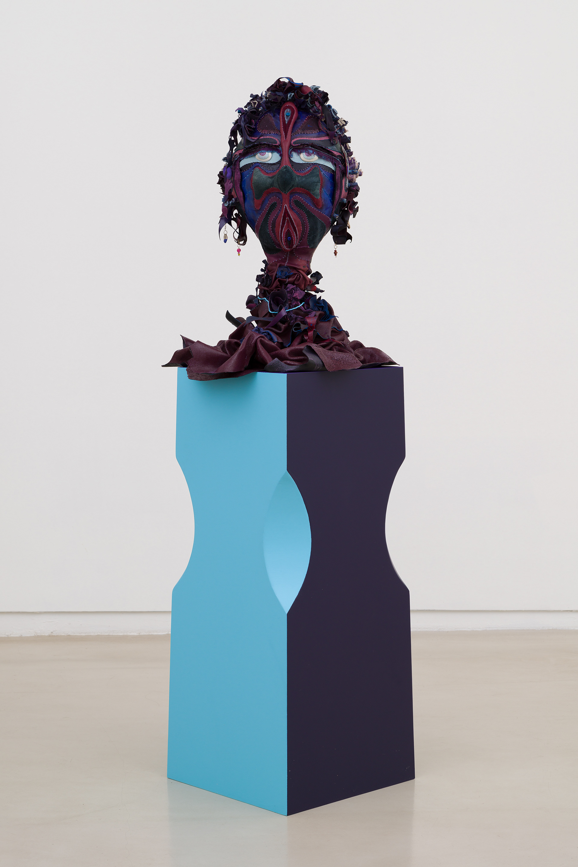 Venus in Leo, 2023, Steel, wood, enamel paint, acrylic paint, leather dye and finisher, repurposed leather and sueder, repurposed fabric, found jewelry, clam shells and coated nylon thread, 68H x 18 x 18 inches