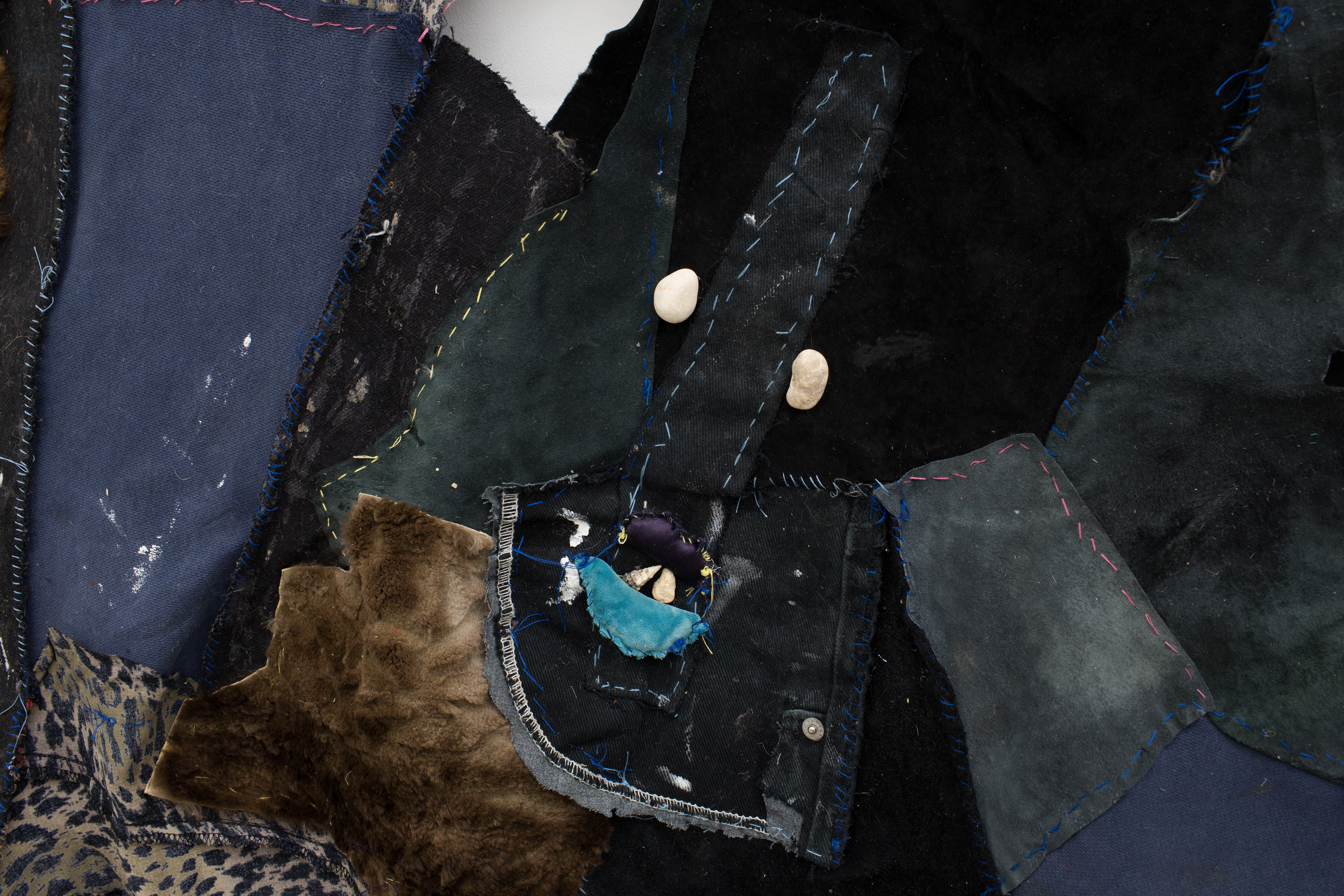 Making it work to be together while we can, 2018. Found furs, leathers and fabrics (hand sewn), seashells, sea stones. 96 x 84 x 4 in (243.8 x 213.4 x 10.2 cm).