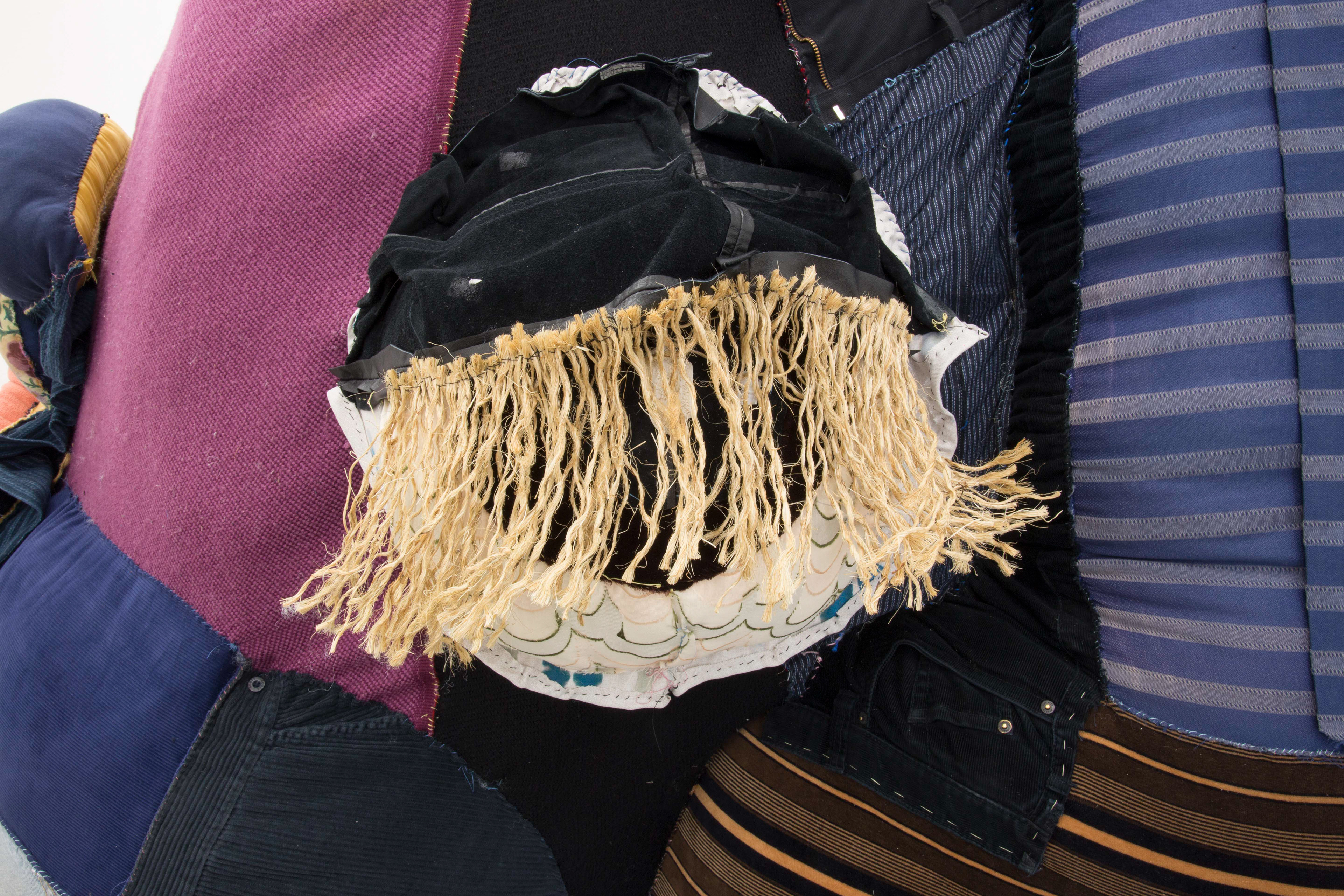 Rover, 2019. Recycled fabrics, leather, wood, rope, recycled poly fibers and seashells. 94 x 84 x 62 in (238.8 x 213.4 x 157.5 cm).