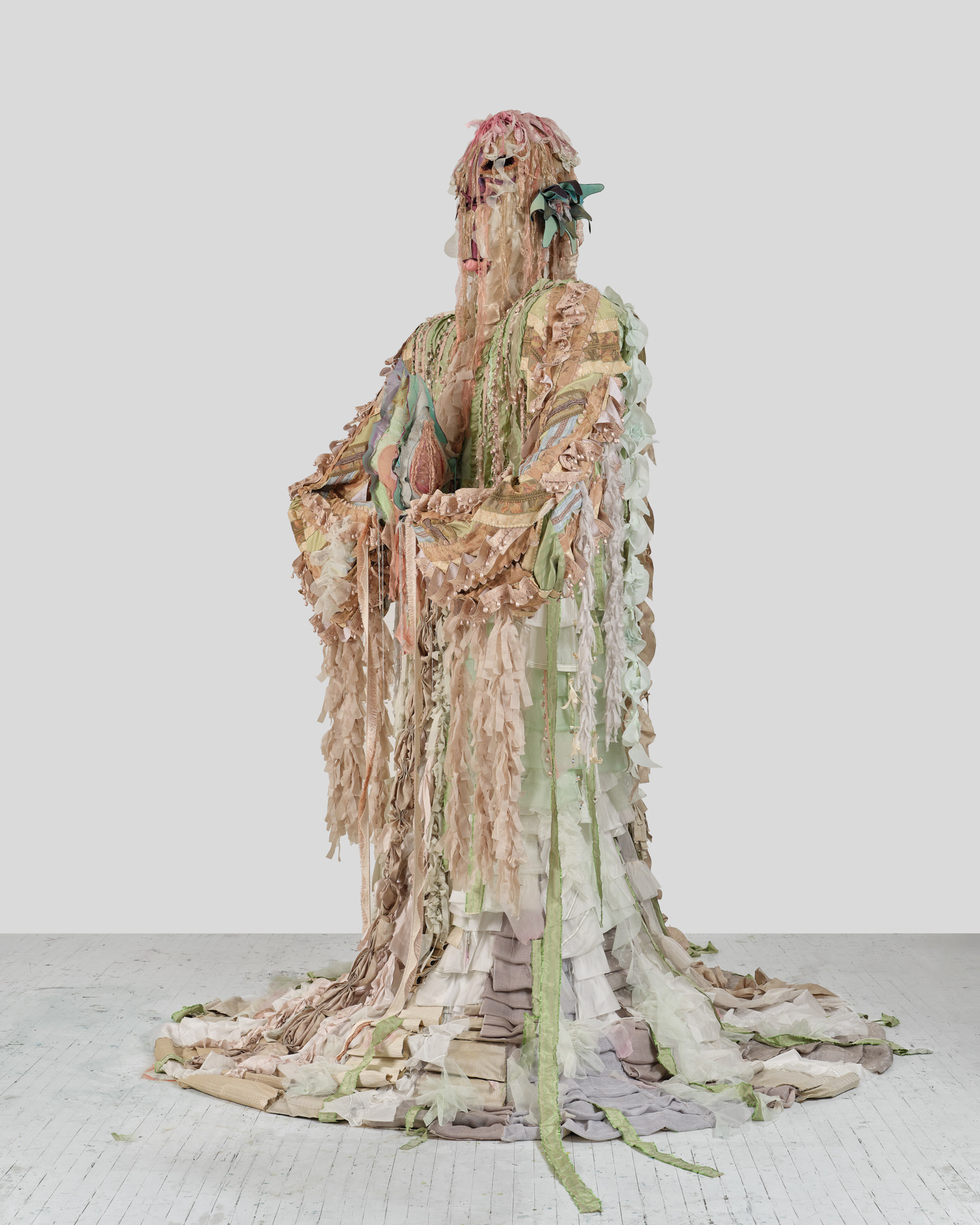 The Miracle, 2024, Steel; enamel paint; foam; acrylic paint and finisher; repurposed leather, suede, goatskin, and assorted fabric; leather, fabric, and natural dyes; assorted beads; gold and silk thread; coated nylon thread; and coated cotton thread, 135H x 100 x 100 inches
