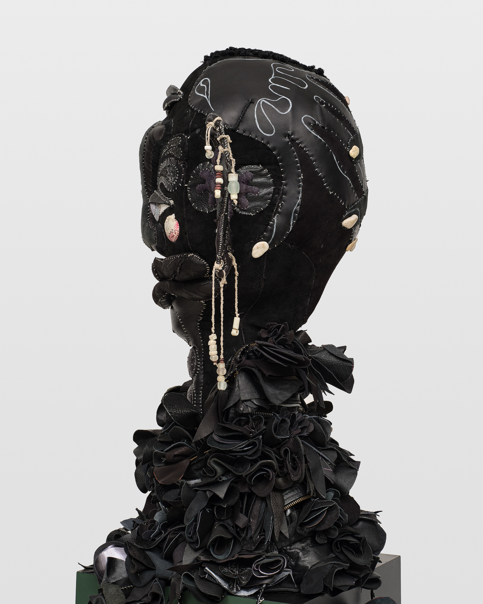 (detail) Lilith, 2024, Steel, wood, enamel paint, acrylic paint, , repurposed leather and suede, repurposed shearling, beads, stones, and coated nylon thread, 72 1/2H x 17 x 15 inches