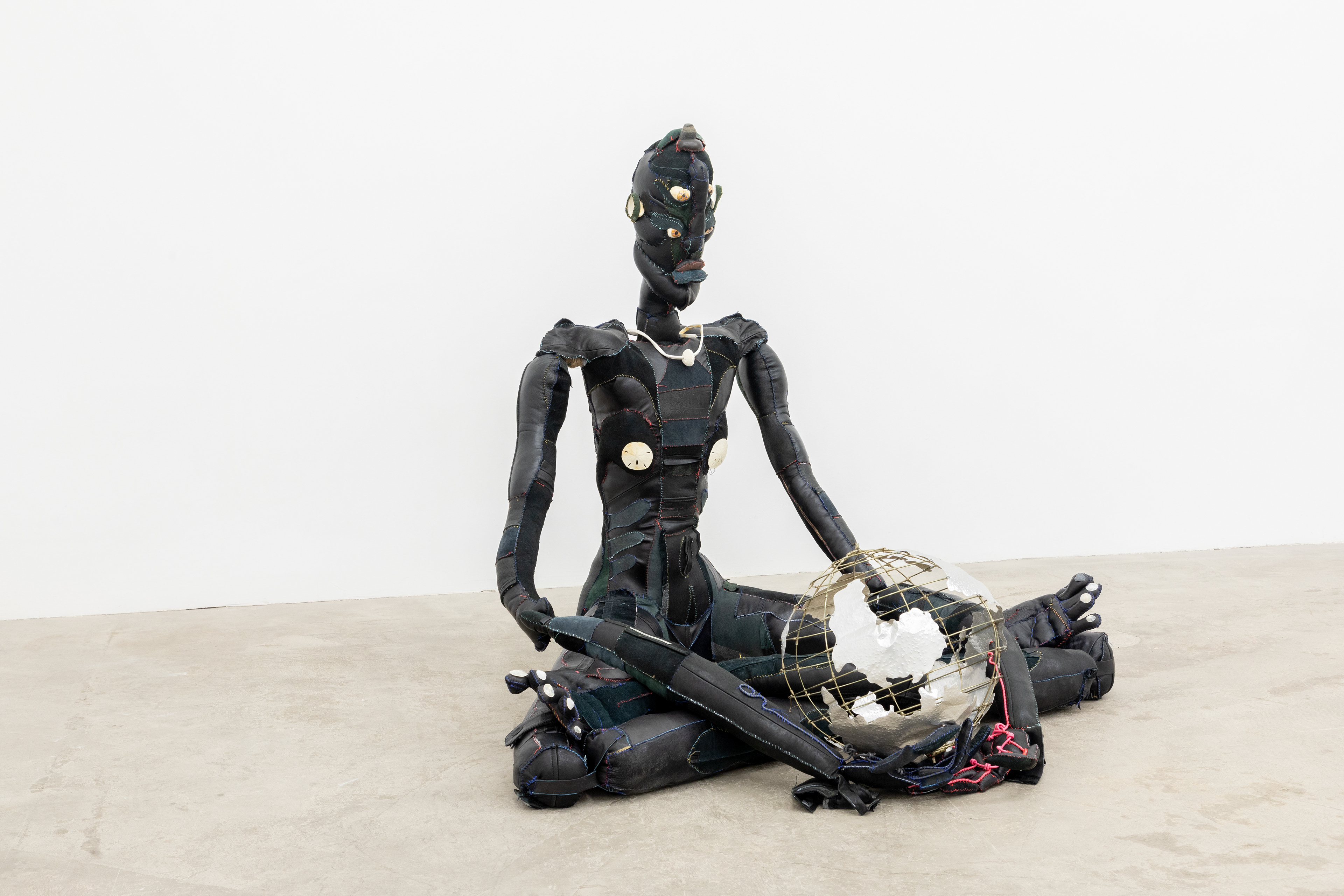 Harmony, 2019. Recycled leather, recycled poly-fibers, rebar, wire, hardware, seashells, stones, acrylic paint. 39.75 x 47 x 35 in (101 x 119.4 x 88.9 cm).