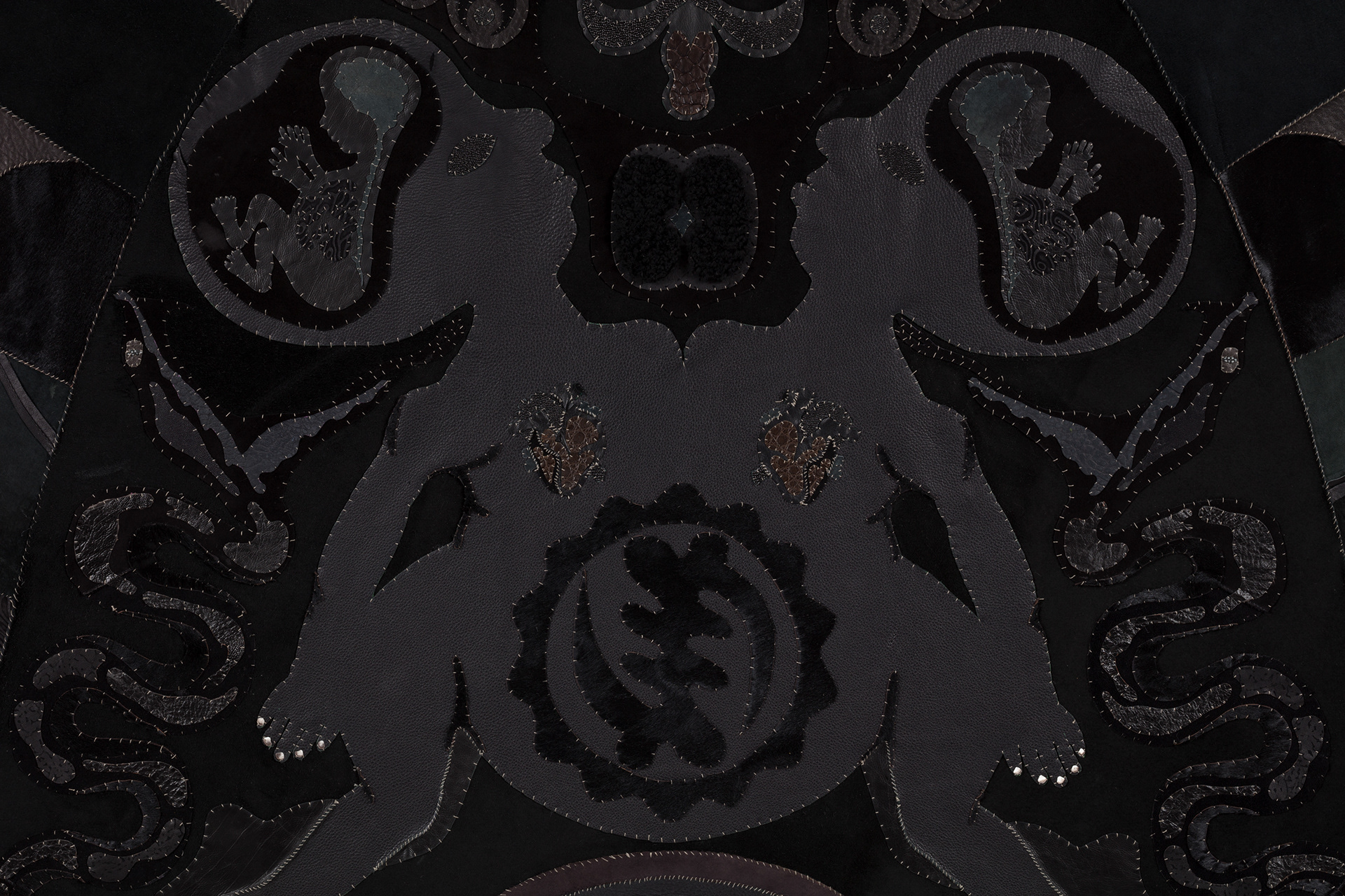 God is King, 2021. Recycled Leather, Suede. 114 x 114 in (290 x 290 cm).