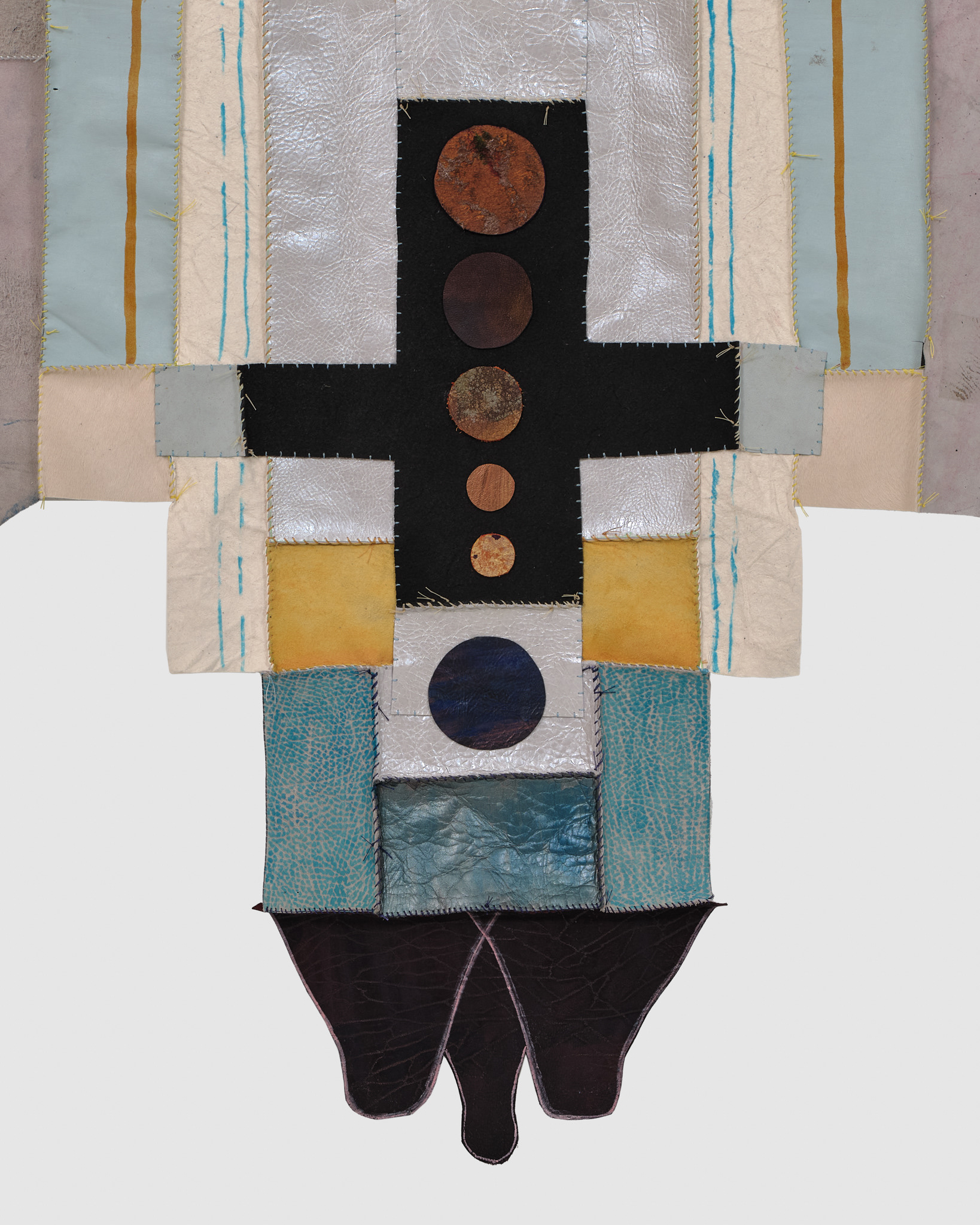 (detail) Gravity, 2024, Repurposed leather and suede, acrylic paint and finisher, leather dye, upholstery tacks, and coated nylon thread, 100H x 47 3/8 inches