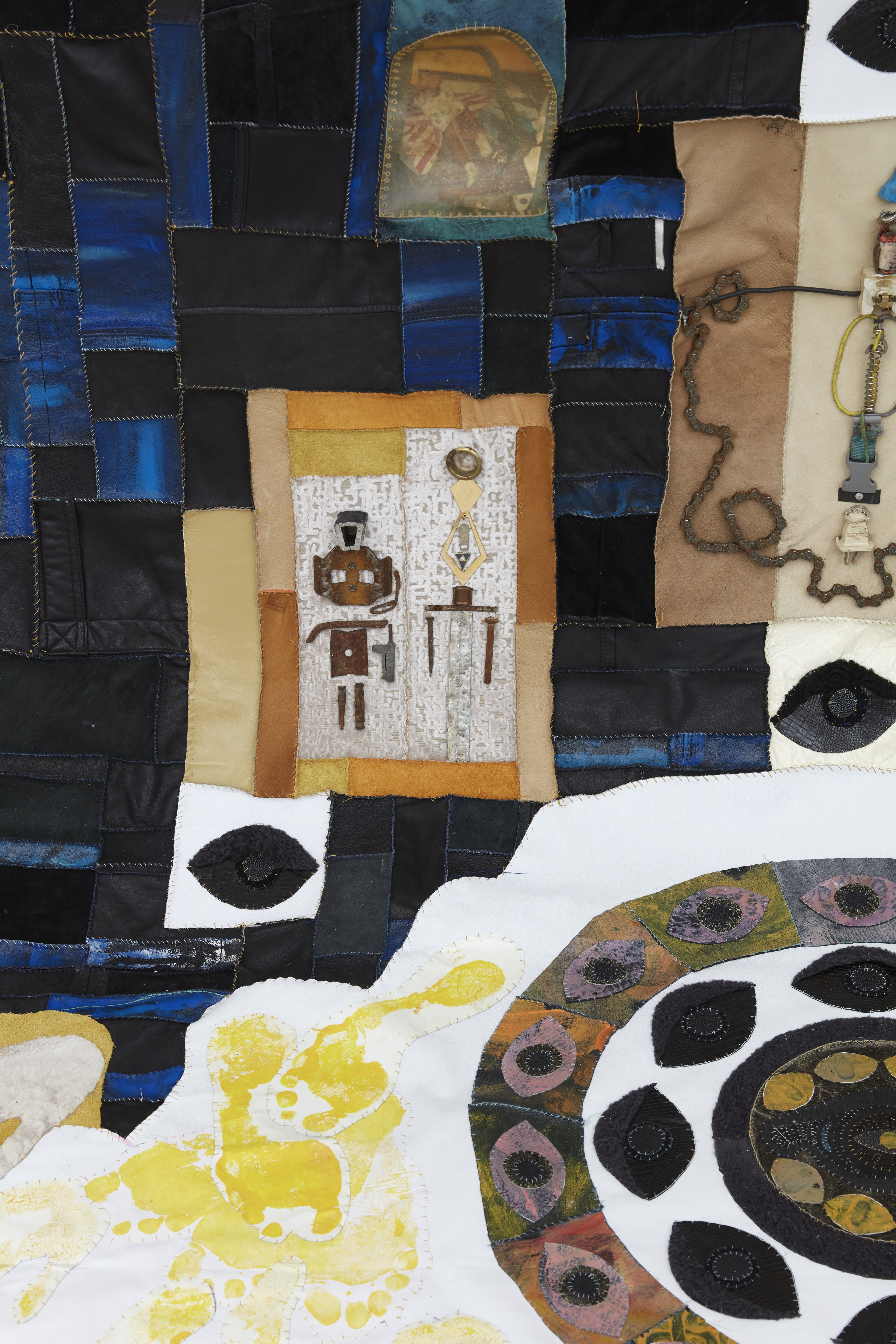 Ascension of the Holy Vessel (Be Not Afraid), 2020. Recycled leathers and fabrics, acrylic paint, rawhide, found photographs, found objects, bone, seashells, stones. 16 x 108 in (548.6 x 274.3 cm).