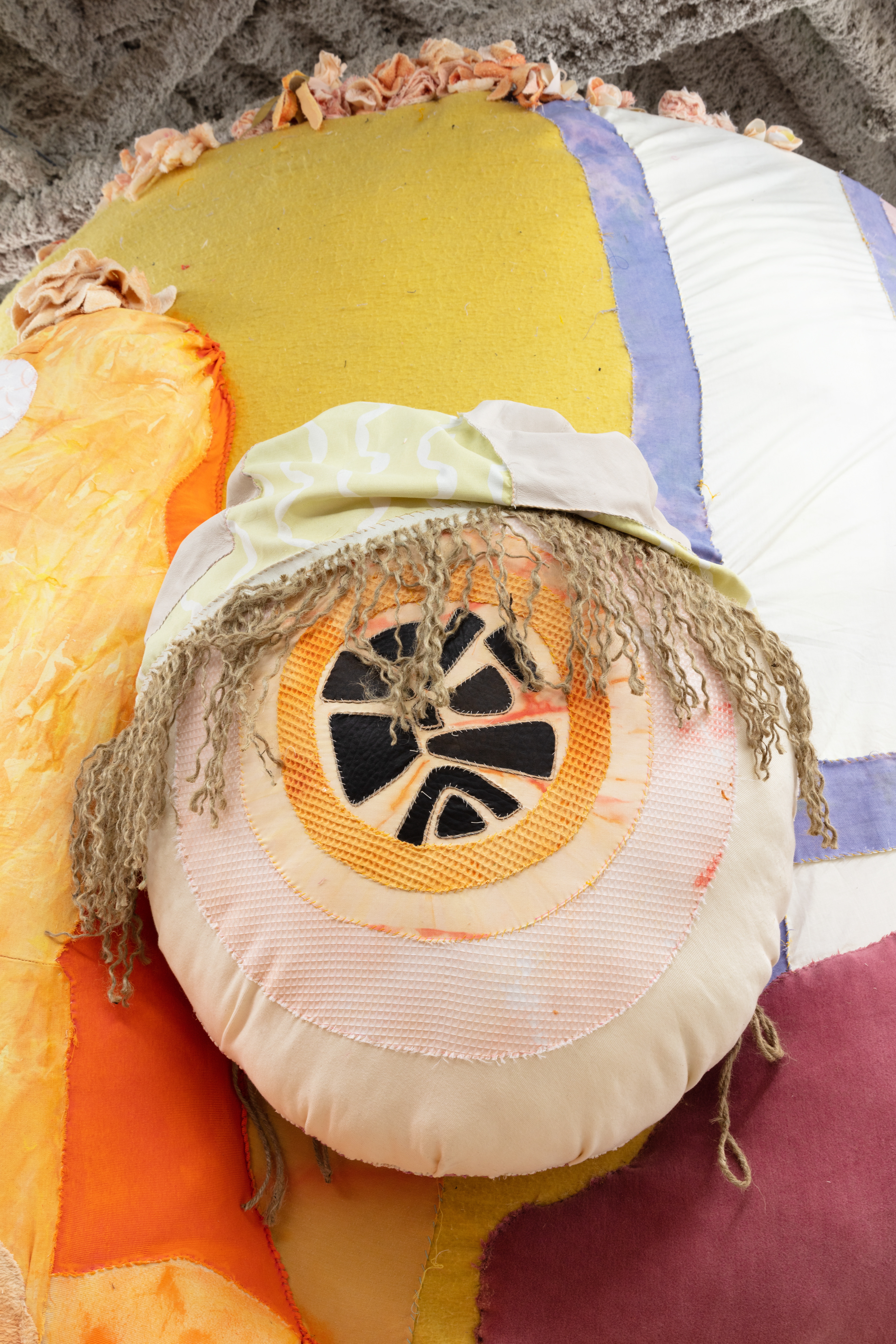 Opus (The Ovule), 2020. Various recycled and hand dyed fabrics, recycled leather, acrylic paint, recycled polyester batting, jute, metal frame, PVA glue, secret objects, safety pins, metal hooks, wire. Dimensions variable, overall: 122 x 88 x 252 in (309.9 x 223.5 x 640.1 cm).
