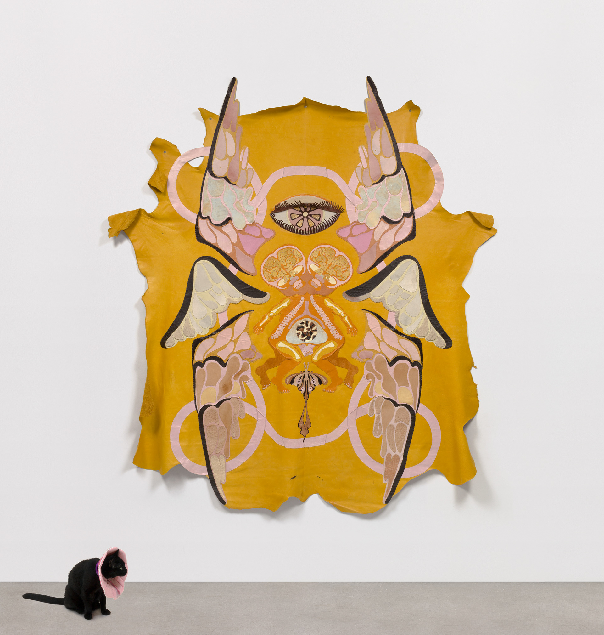 Knot of Pacification, 2021. Recycled leather, wool, and suede. 114 x 100 in (289.56 x 254 cm).
