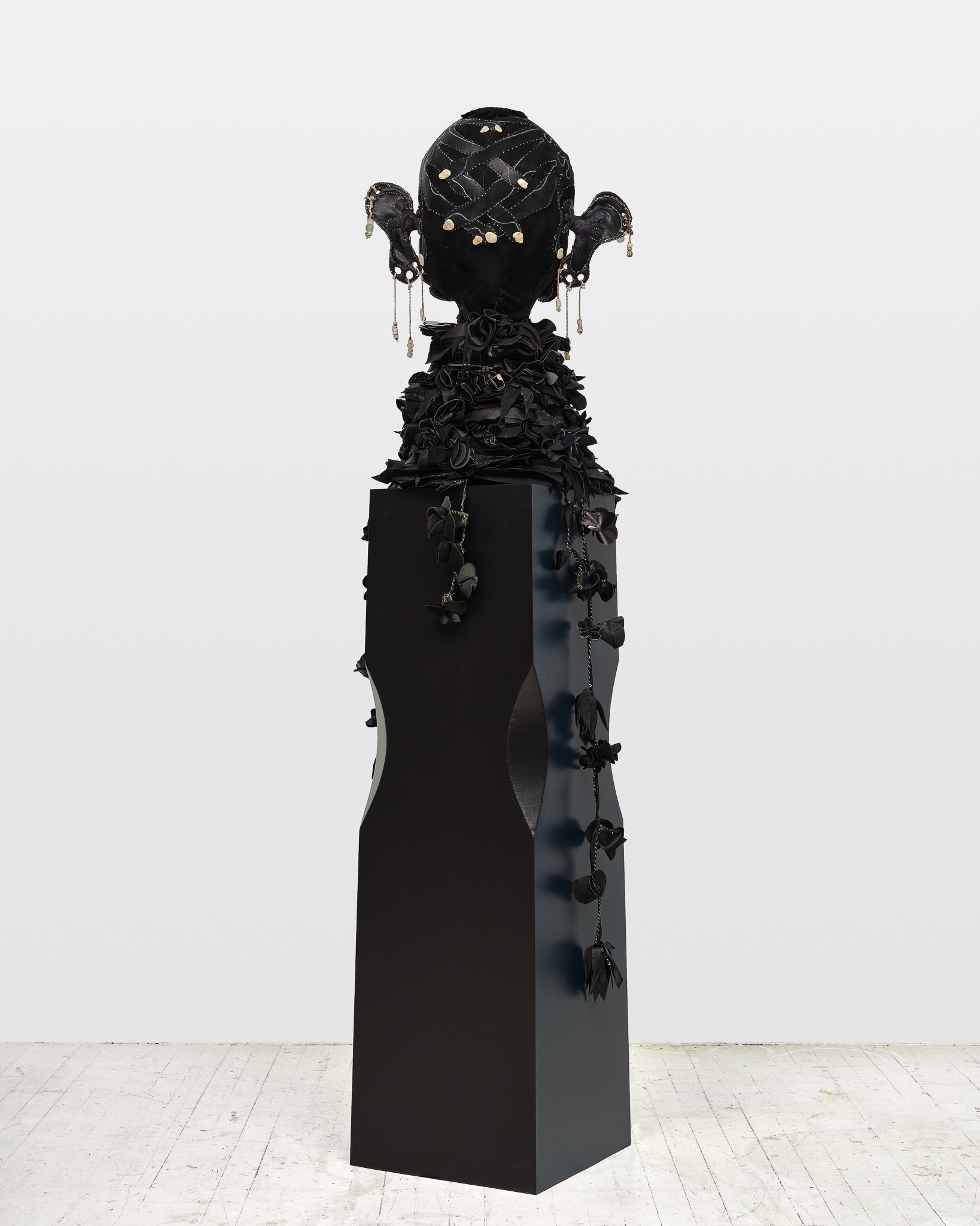 Lilith, 2024, Steel, wood, enamel paint, acrylic paint, , repurposed leather and suede, repurposed shearling, beads, stones, and coated nylon thread, 72 1/2H x 17 x 15 inches