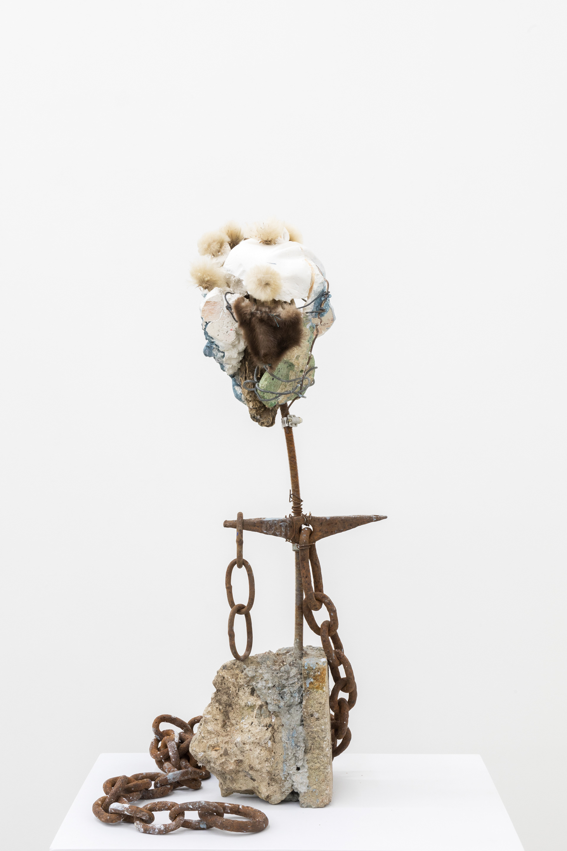 Big tooth (angels in a sleepy current), 2017. Hand carved plaster, stones, wire, acrylic paint, fur, milk thistle seeds, earring, driftwood, rebar, chain, concrete.