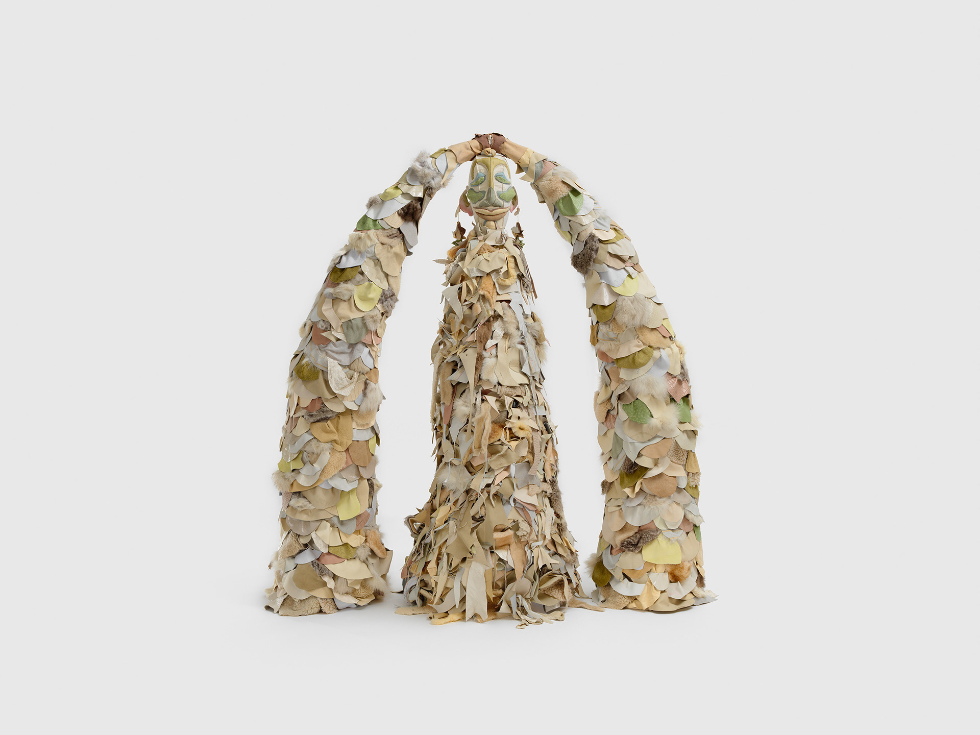 Ivory Gate, 2022, Steel, enamel paint, acrylic paint and finisher, repurposed leather, fur, suede, shearling, conch shells, snake skin, chalk pastel, organic cotton twill, and coated nylon thread, 61 1/4 x 59 1/2 x 30 inches