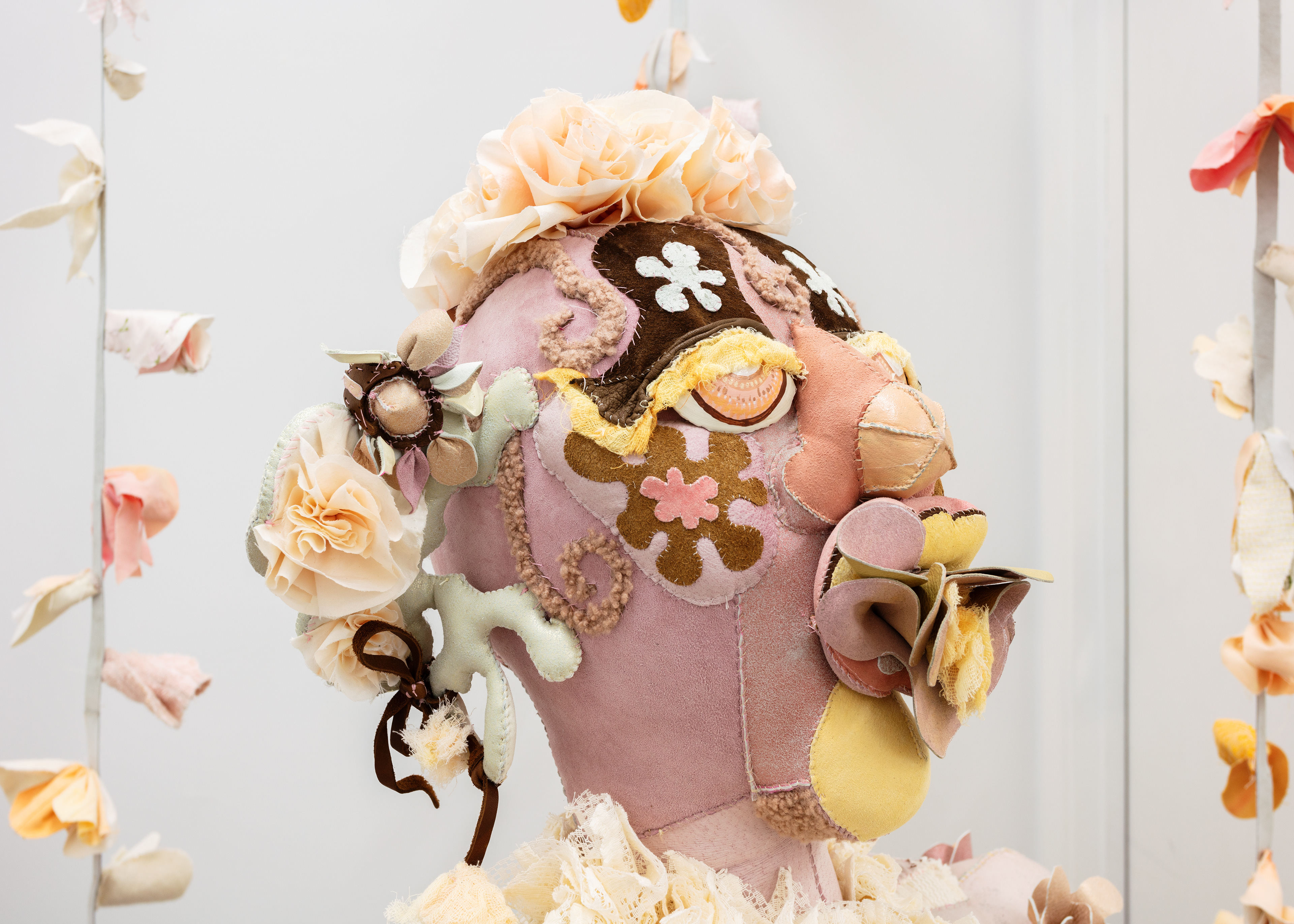 Delight, 2020. Various recycled and hand dyed fabrics, recycled leather, cotton and recycled polyester batting, acrylic paint, PVA glue, seashells, stones, beads, pipe, wooden chair, hand sewn. 52 x 36 x 36 in (132.1 x 91.4 x 91.4 cm).