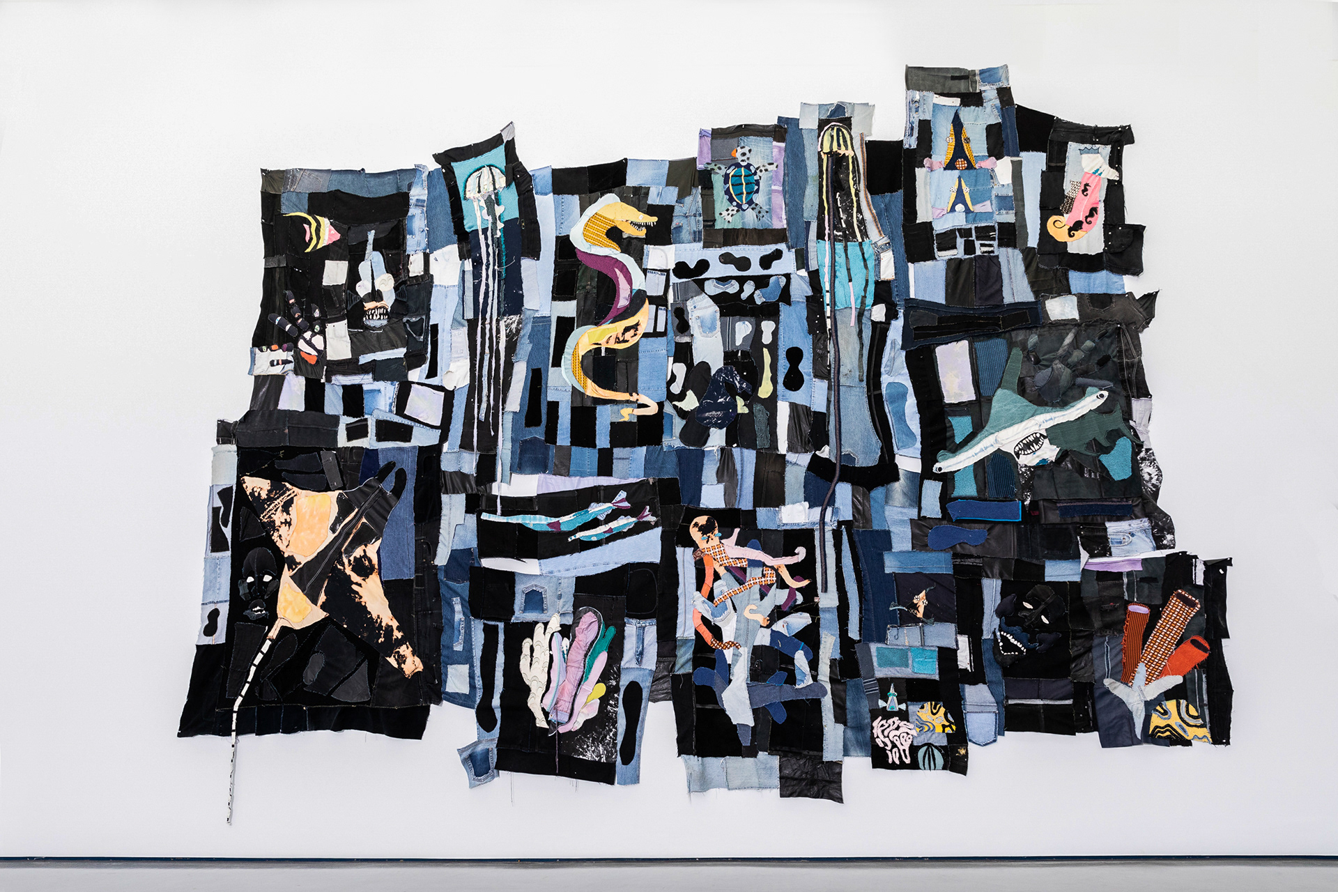 the coral reef preservation society 2019. Denim, fabric, plaster, seashells. 180 x 230 in (457.2 x 584.2 cm).