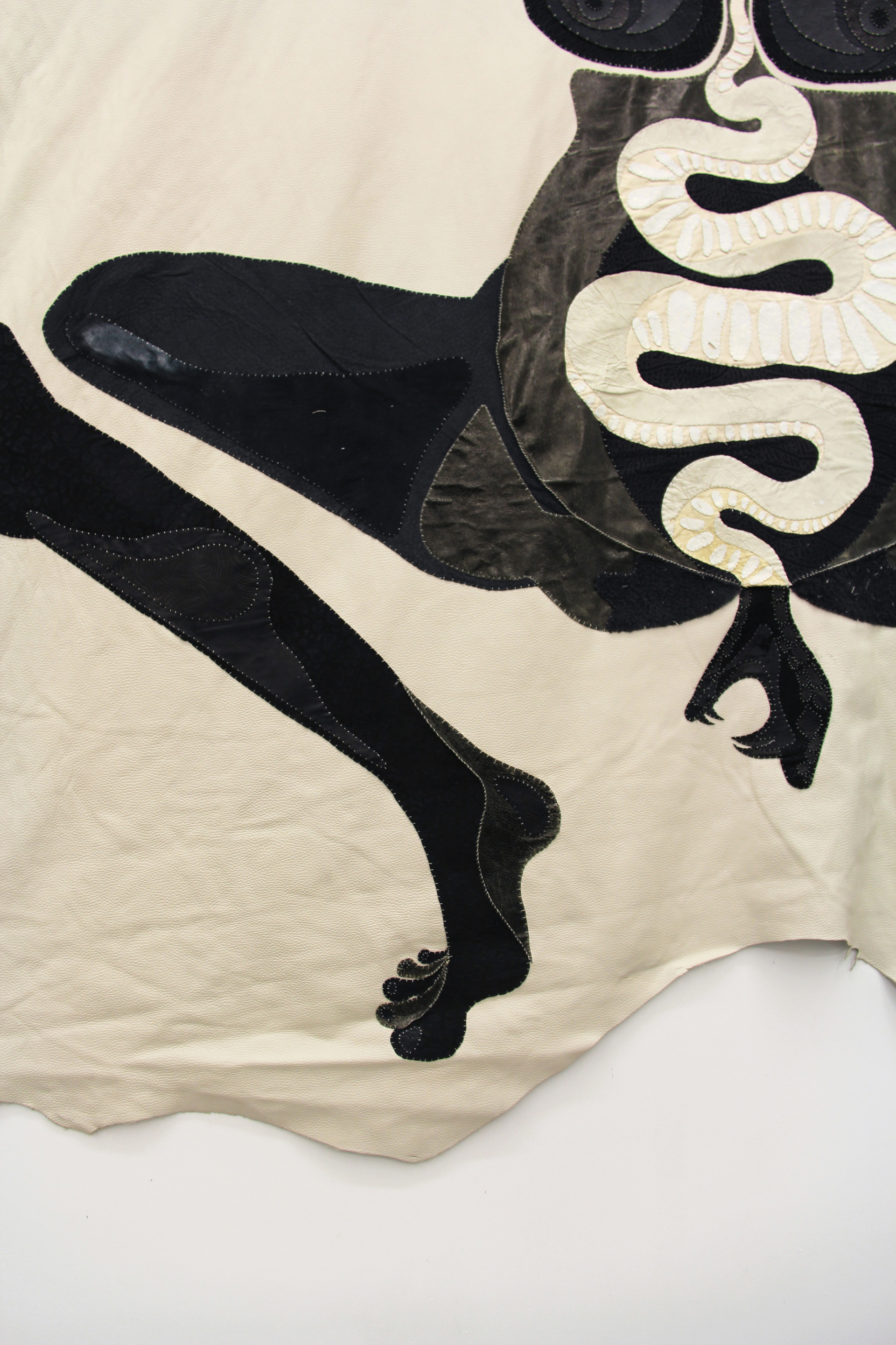 The leg of the hen, 2020. Hand sewn leather. 108 x 87 in (274.3 x 221 cm).