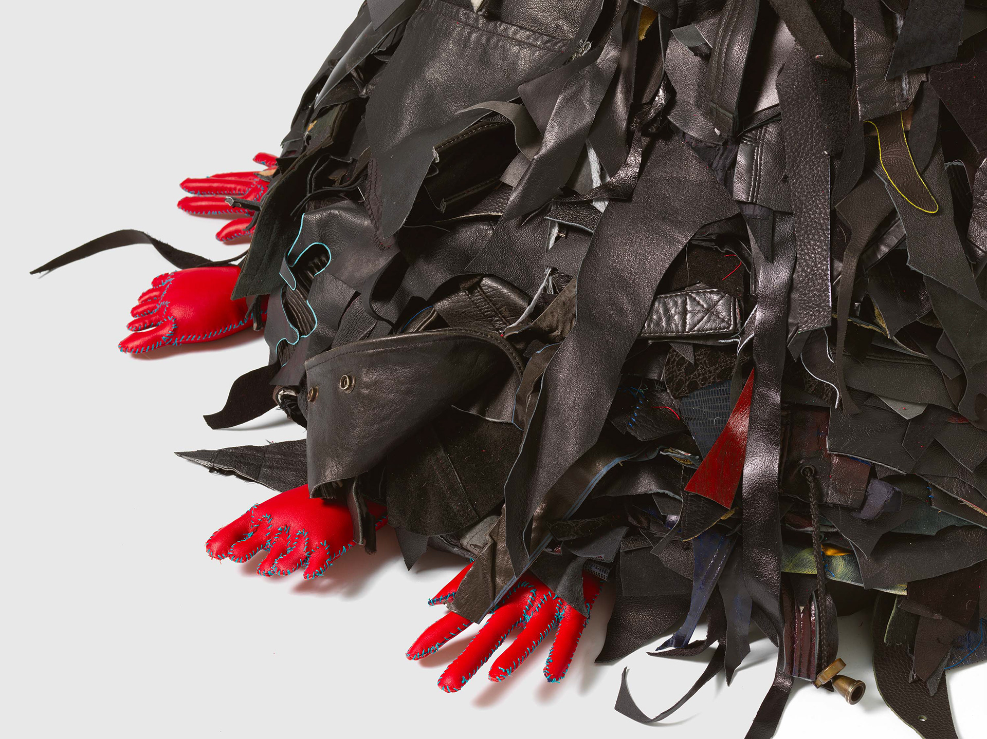 (detail) Trident, 2022, Steel, enamel paint, acrylic paint and finisher, repurposed leather, fur, suede, shearling, shagreen, snake skin, clam shells, organic cotton twill, and coated nylon thread, 39 1/4 x 44 x 36 inches