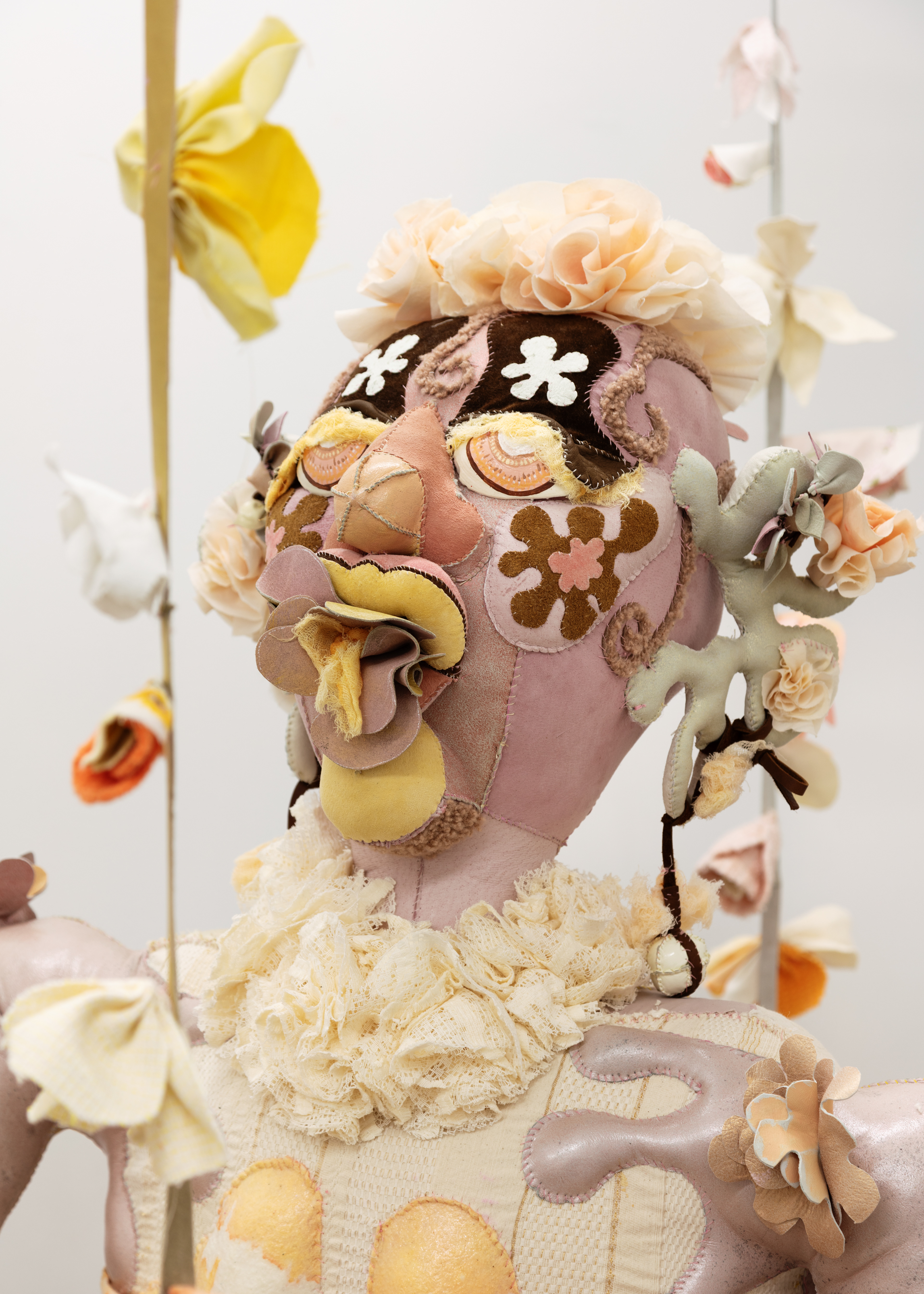 Delight, 2020. Various recycled and hand dyed fabrics, recycled leather, cotton and recycled polyester batting, acrylic paint, PVA glue, seashells, stones, beads, pipe, wooden chair, hand sewn. 52 x 36 x 36 in (132.1 x 91.4 x 91.4 cm).