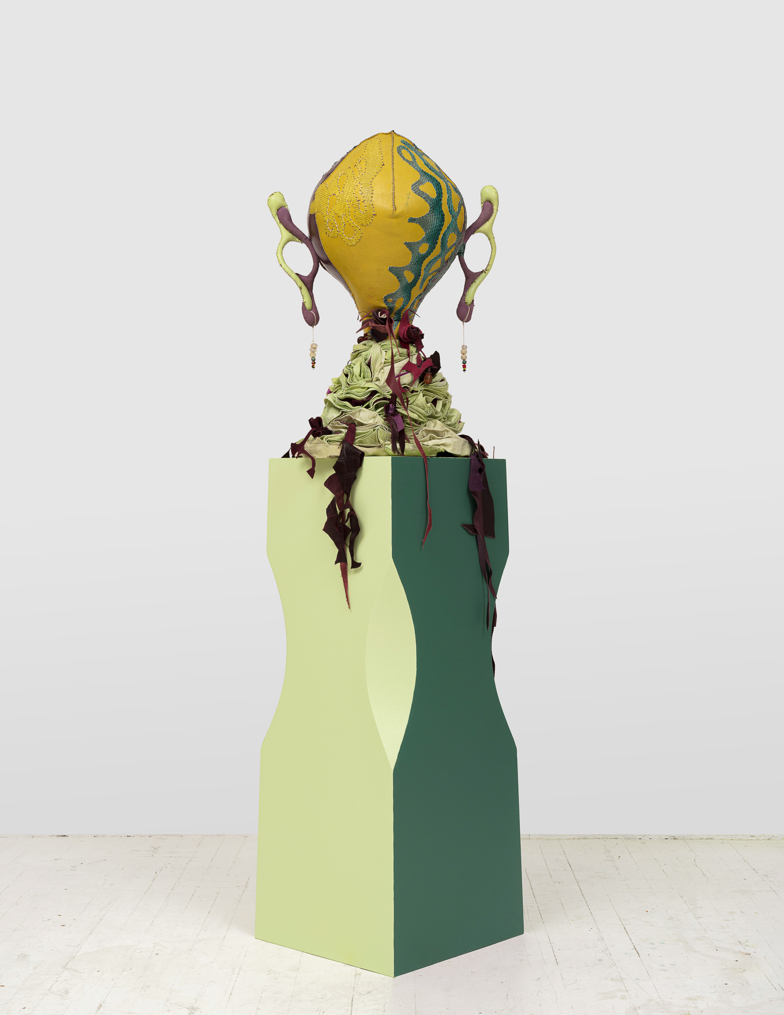 Mars cazimi in Scorpio, 2023, steel, wood, enamel paint, acrylic paint, leather dye and finisher, repurposed leather, suede and snake skin, repurposed fabric, shells, assorted found beads, twine, and coated nylon thread, 66H x 16 x 16 inches